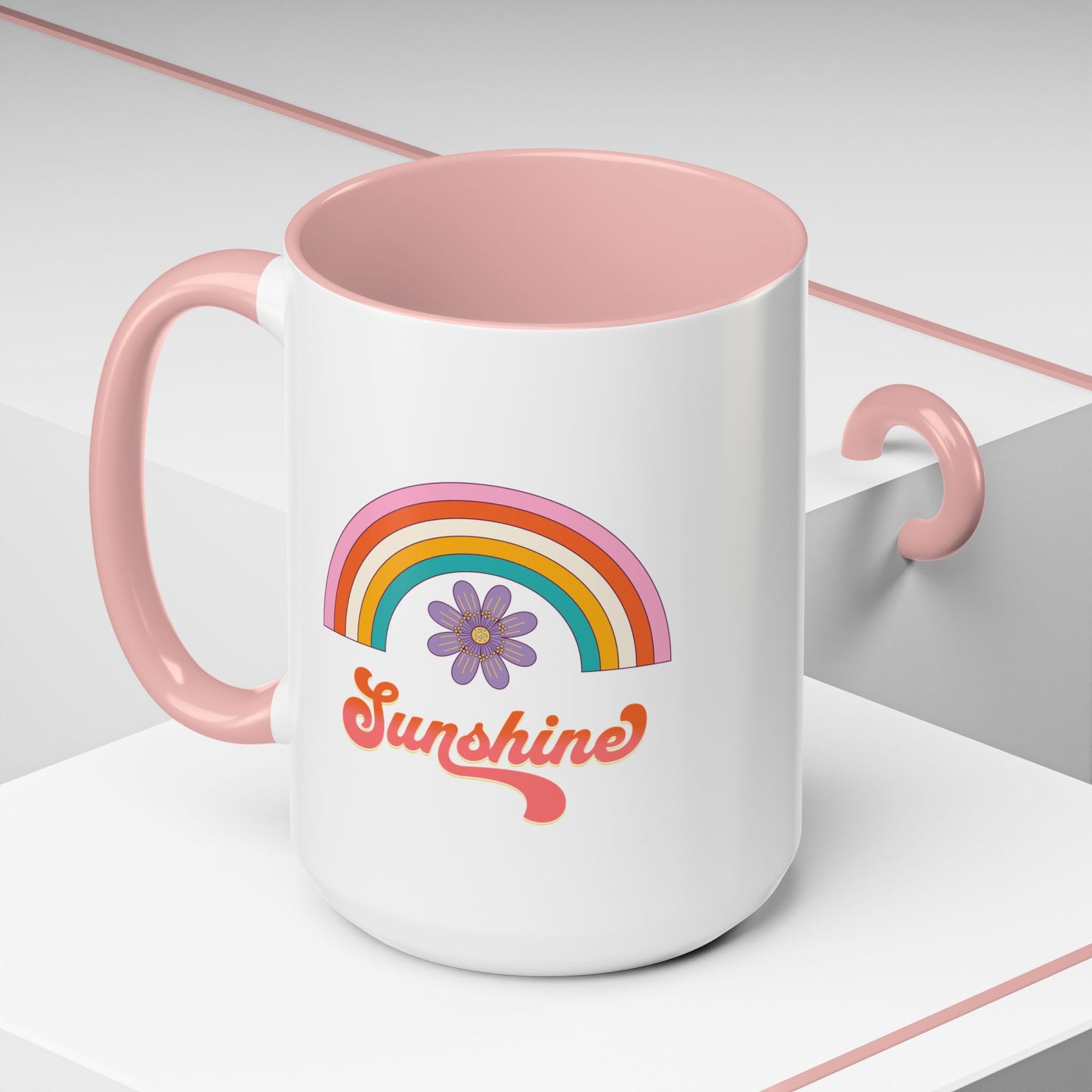 Sunshine Rainbow Accent Coffee Mug — Retro Flower 70s Vibe