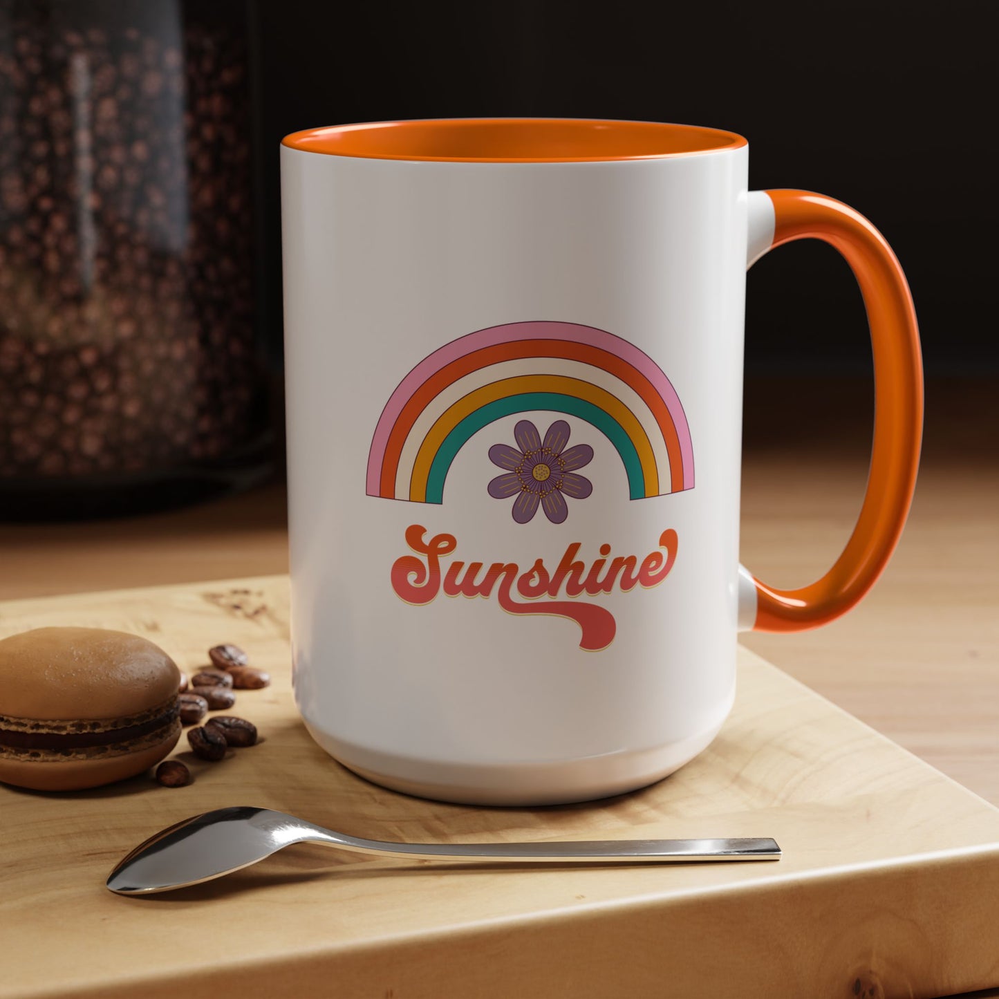 Sunshine Rainbow Accent Coffee Mug — Retro Flower 70s Vibe