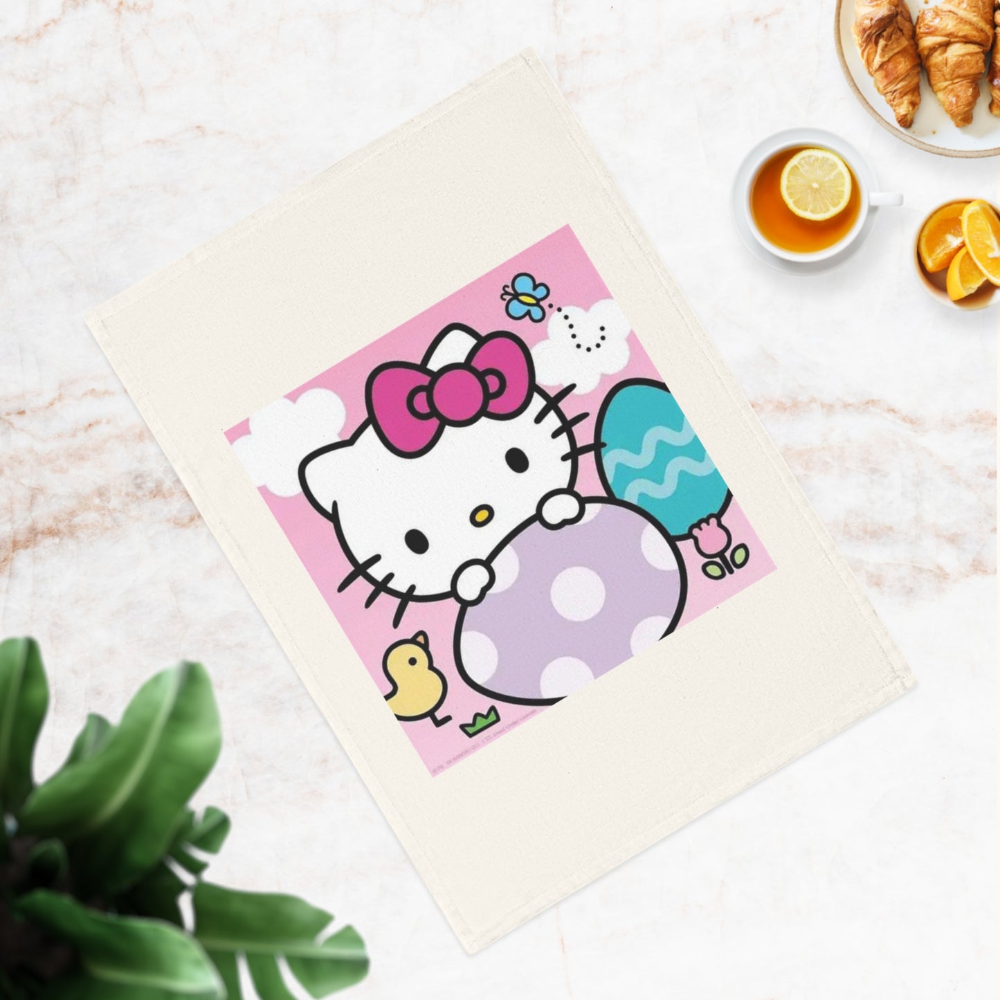 Hello Kitty Easter Cotton Tea Towel — Cute Pink Bunny & Eggs Kitchen Towels