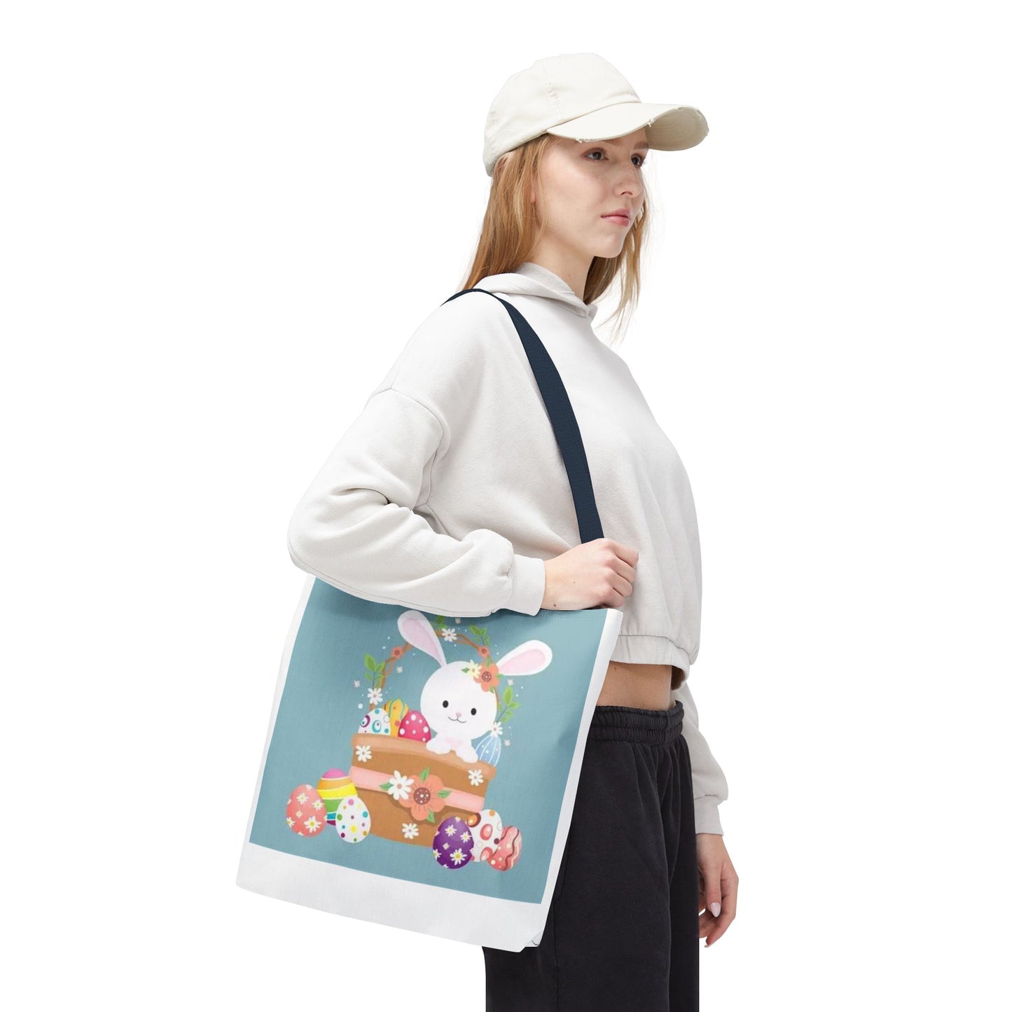 Easter Bunny Tote Bag — Cute Floral Bunny with Painted Eggs All-Over Print