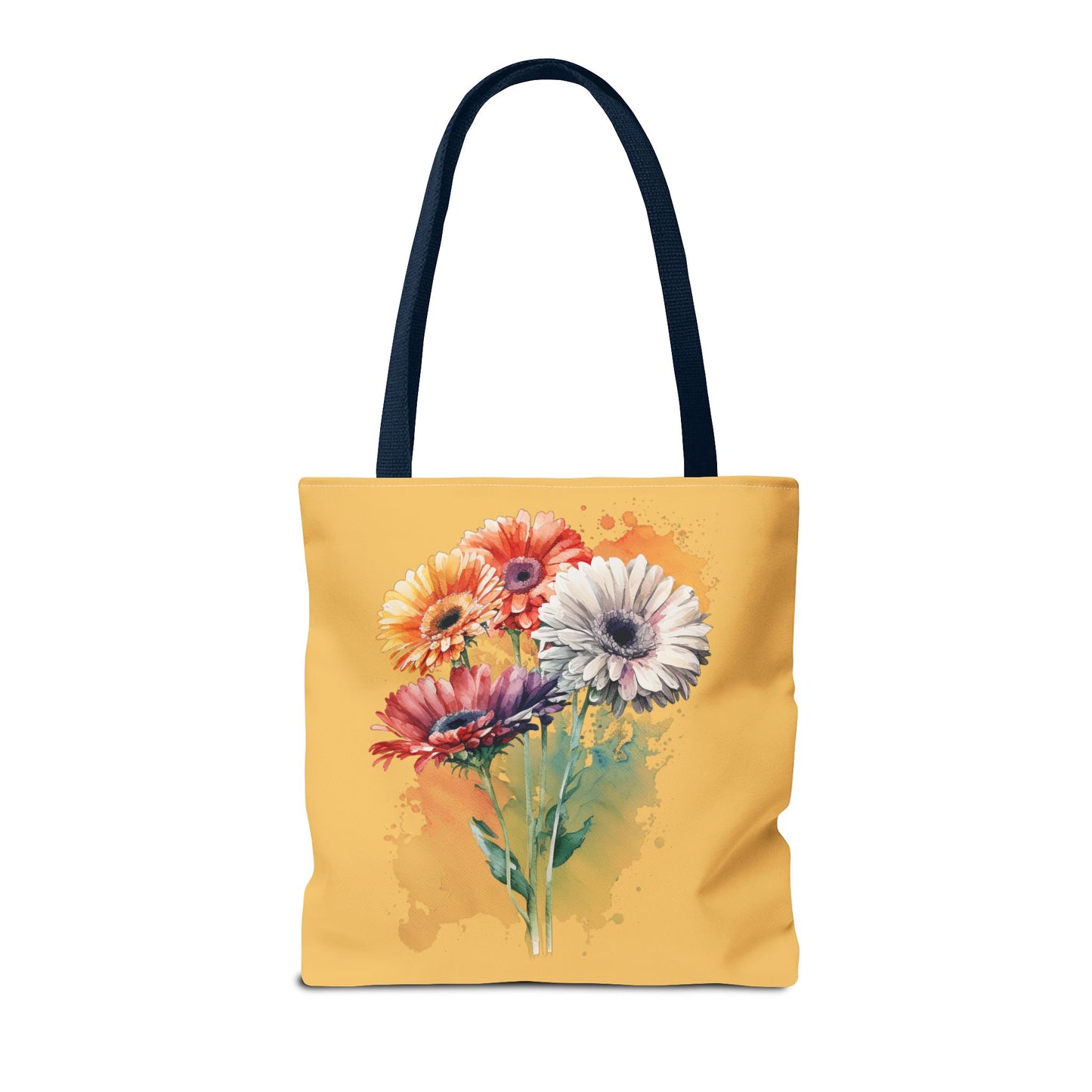 Floral Watercolor Tote Bag — Colorful Gerbera Bouquet on Mustard Background