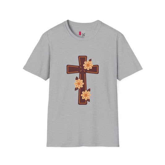 Floral Cross T-Shirt — Religious Christian Tee with Yellow Flower Accent