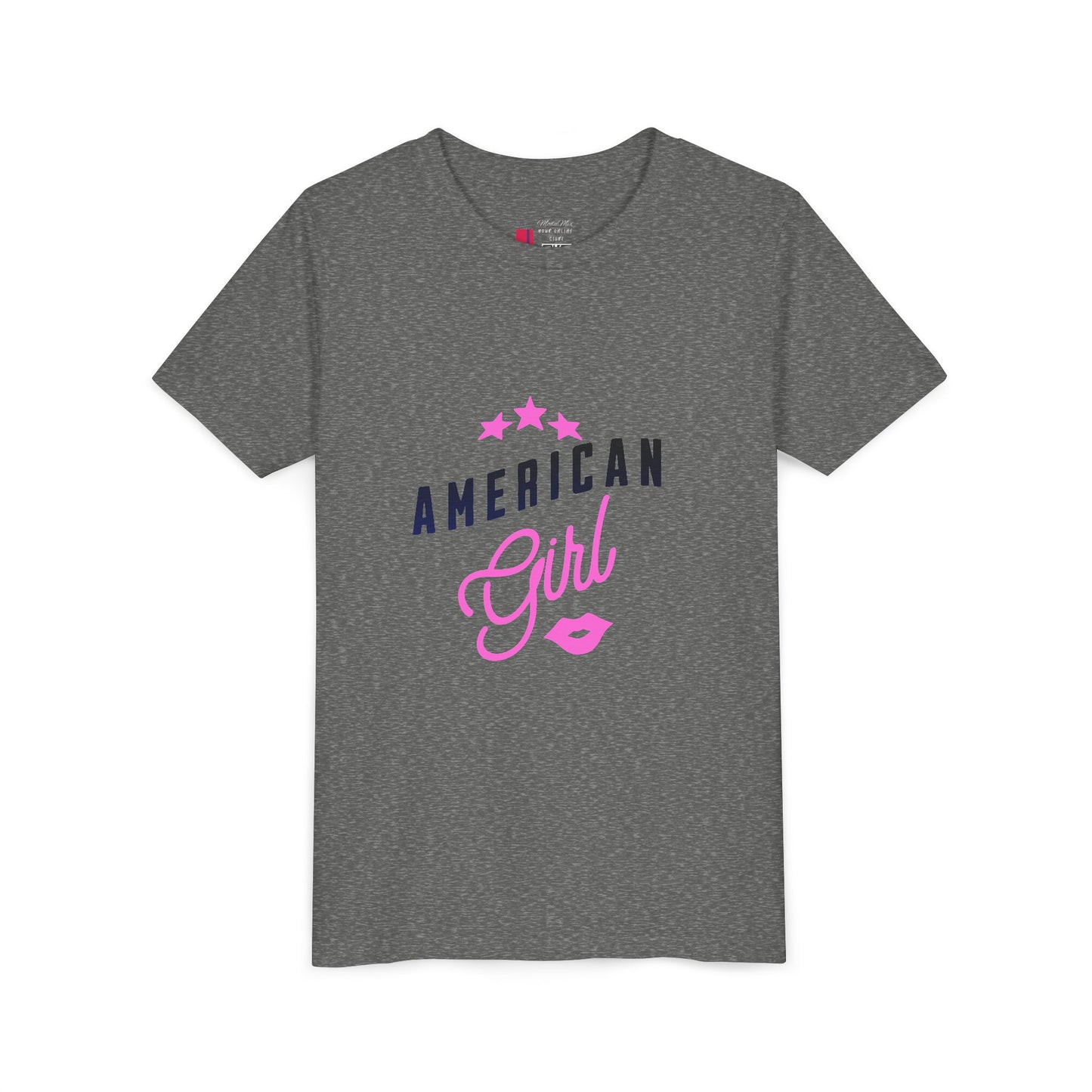American Girl Youth Tee — Pink Script Stars Patriotic Kids Shirt