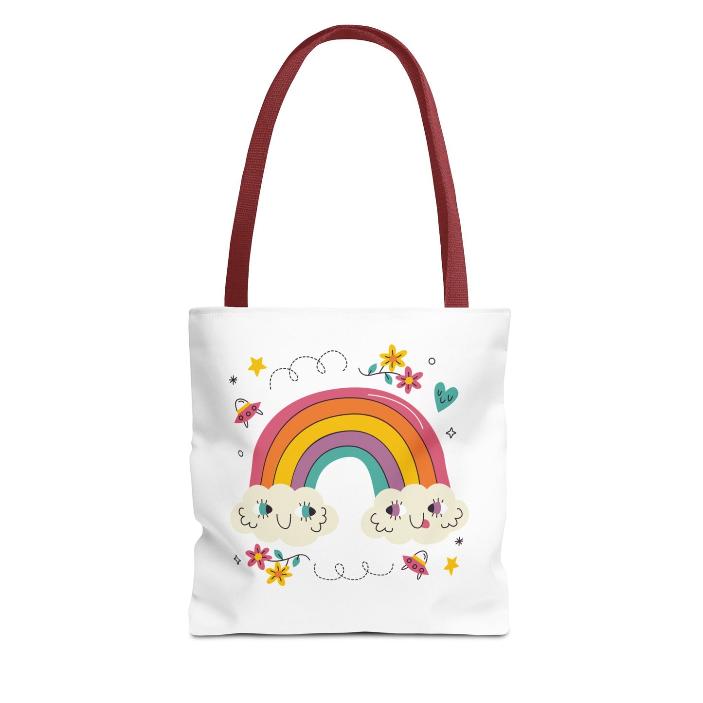 Cute Rainbow Tote Bag — Kawaii Smiling Clouds, Floral & Heart Print