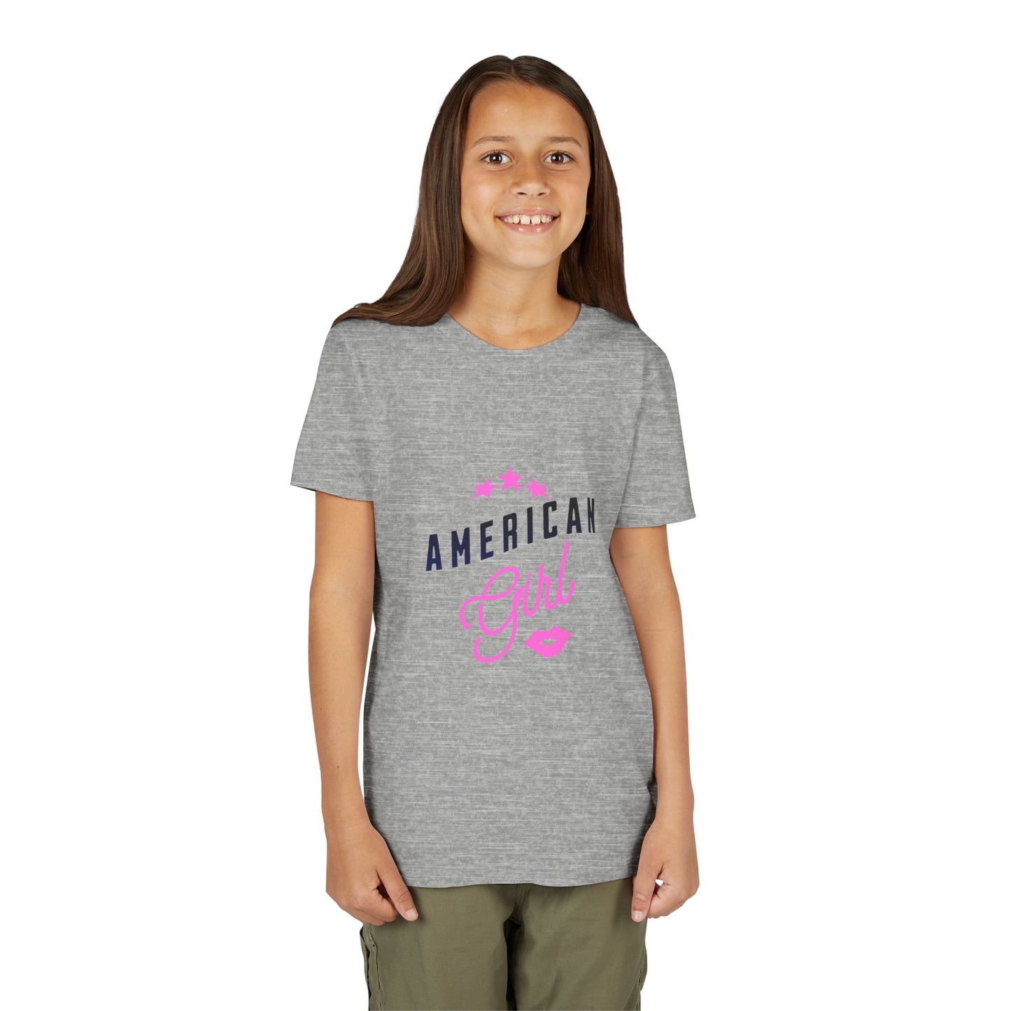 American Girl Youth Tee — Pink Script Stars Patriotic Kids Shirt