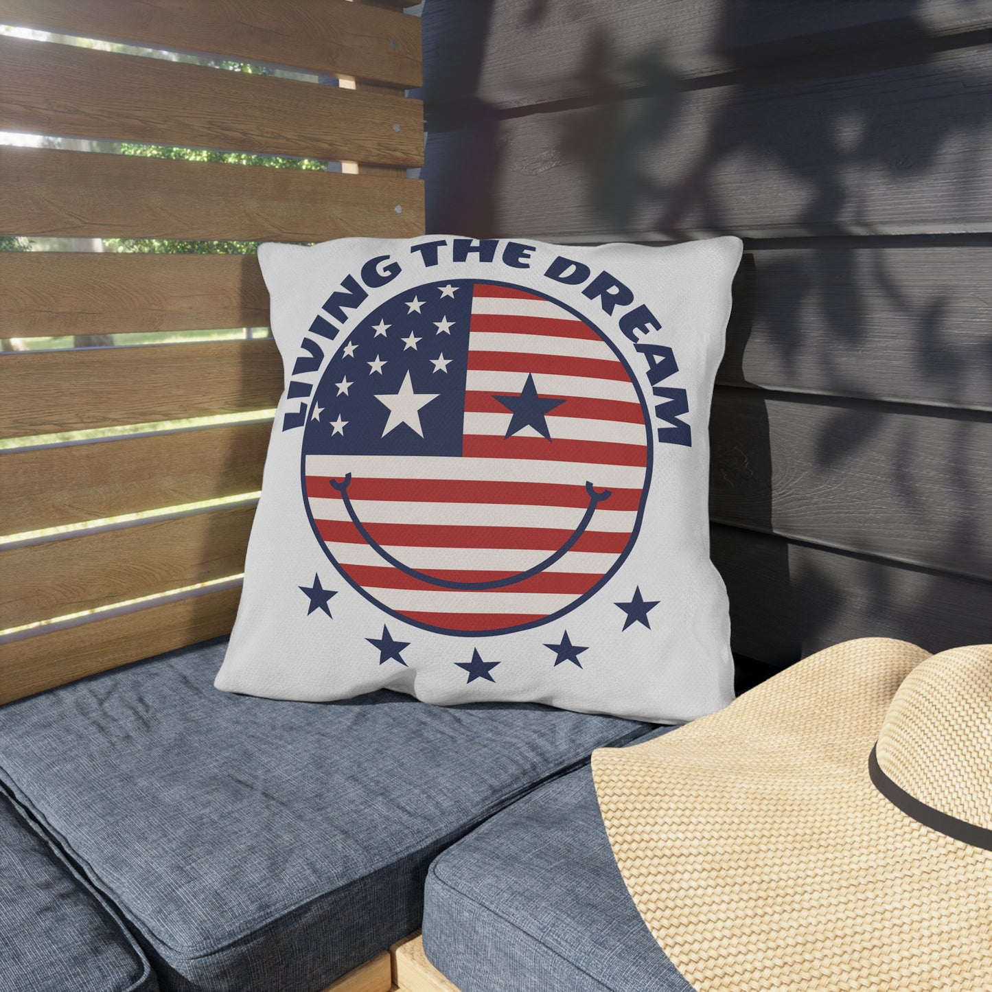 Living The Dream American Flag Smiley Outdoor Pillow