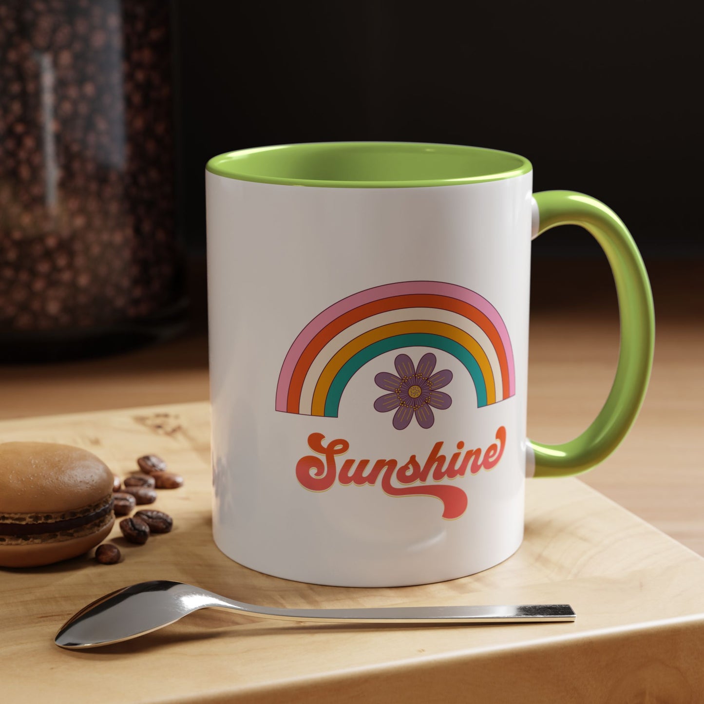 Sunshine Rainbow Accent Coffee Mug — Retro Flower 70s Vibe