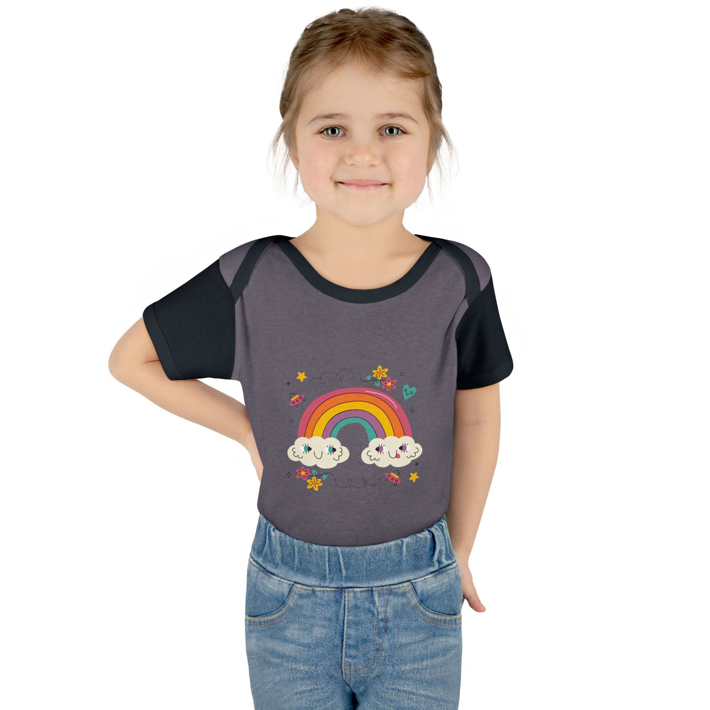 Baby Bodysuit — Cute Rainbow with Smiling Clouds Infant Onesie