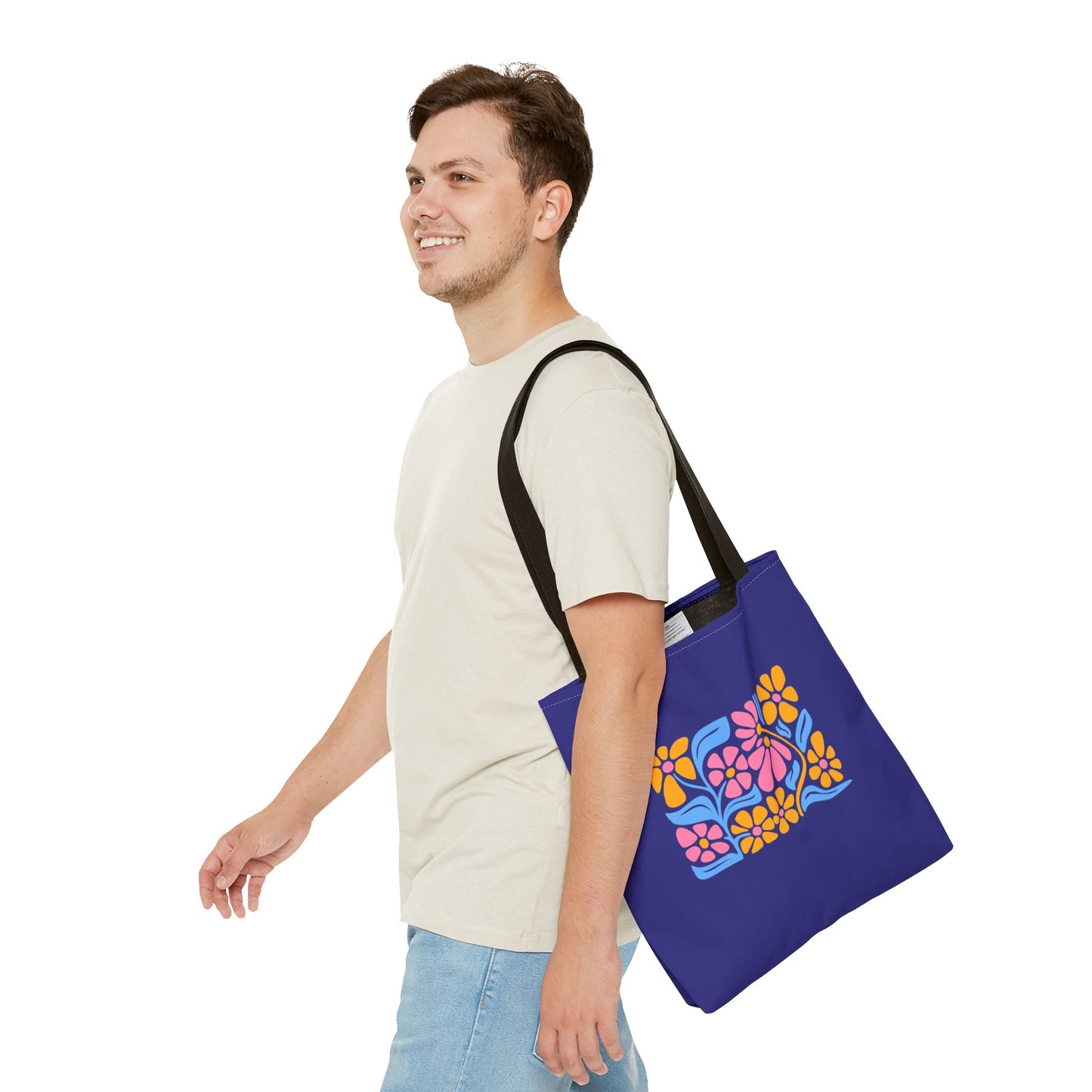 Floral Pop Tote Bag — Bright Retro Flower Pattern on Purple