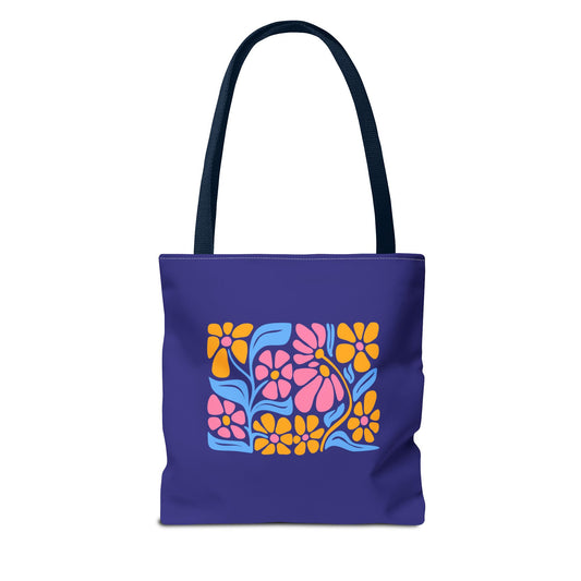 Floral Pop Tote Bag — Bright Retro Flower Pattern on Purple