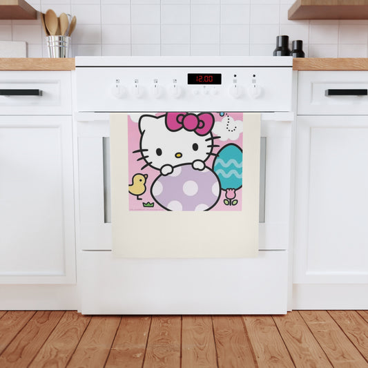 Hello Kitty Easter Cotton Tea Towel — Cute Pink Bunny & Eggs Kitchen Towels
