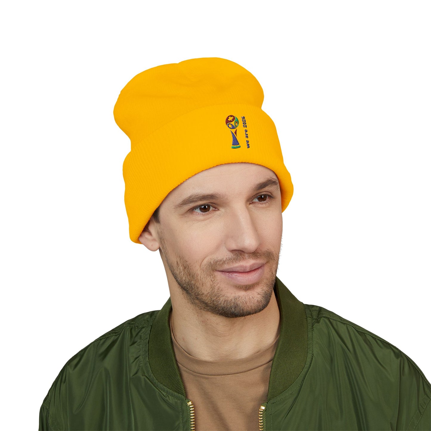 Embroidered 2026 World Cup Trophy Beanie — Soccer Fan Cuffed Knit Hat