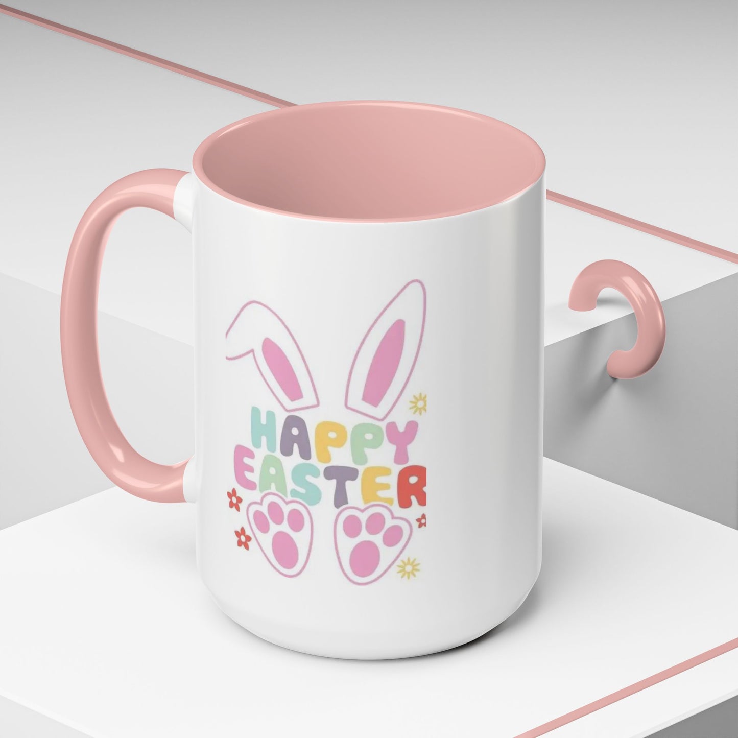 Happy Easter Bunny Accent Coffee Mug — Pink Interior 11/15oz