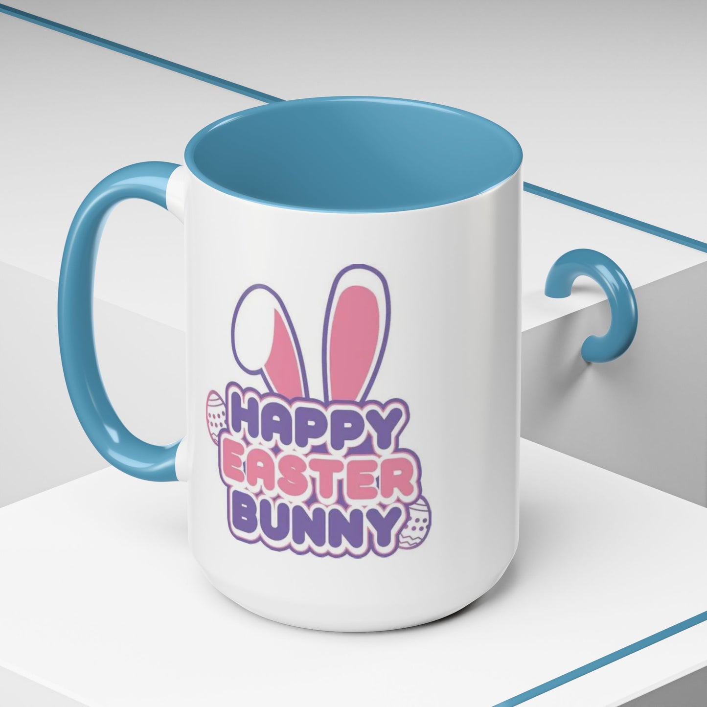Happy Easter Bunny Accent Coffee Mug — Pink Interior 11/15oz, Cute Holiday Gift