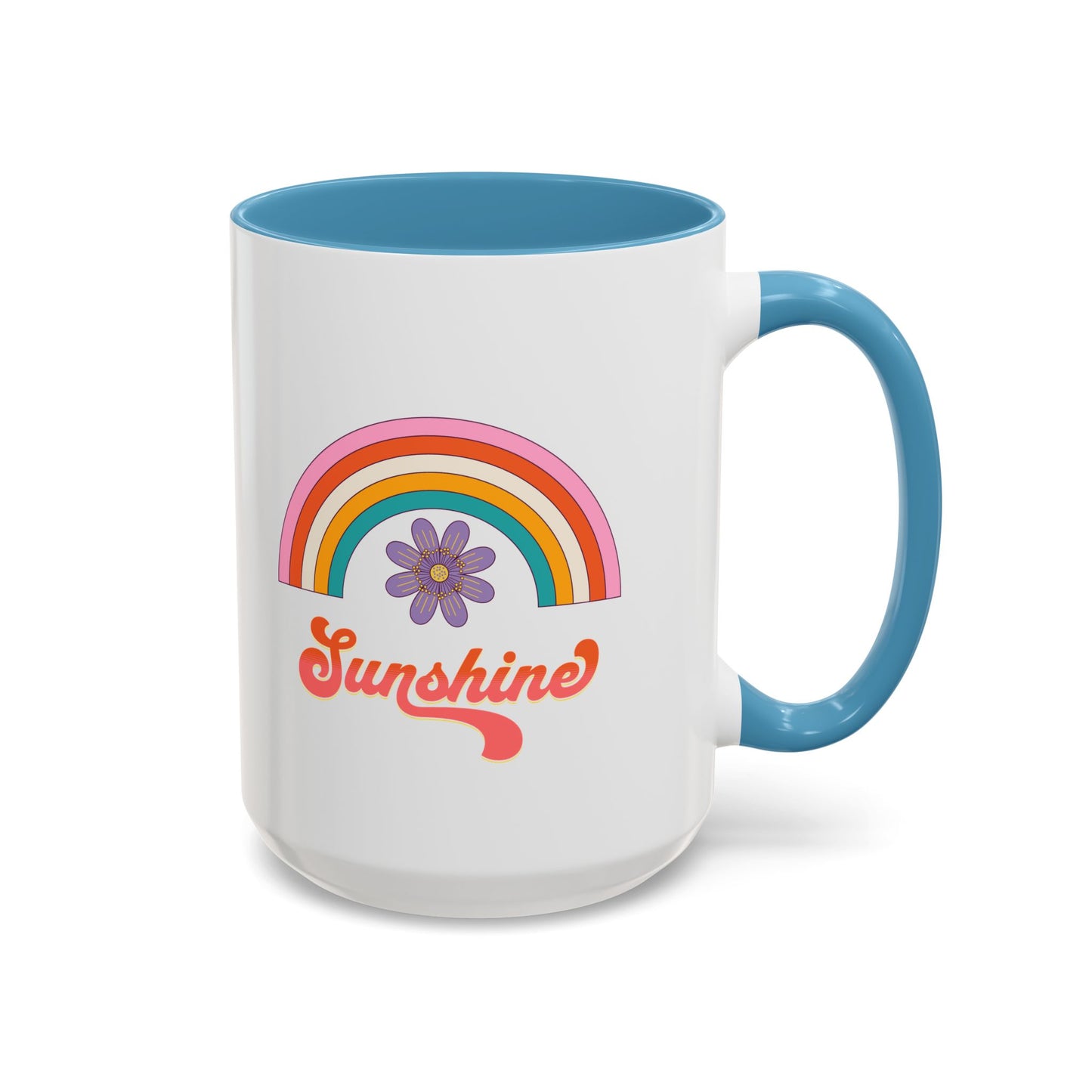 Sunshine Rainbow Accent Coffee Mug — Retro Flower 70s Vibe
