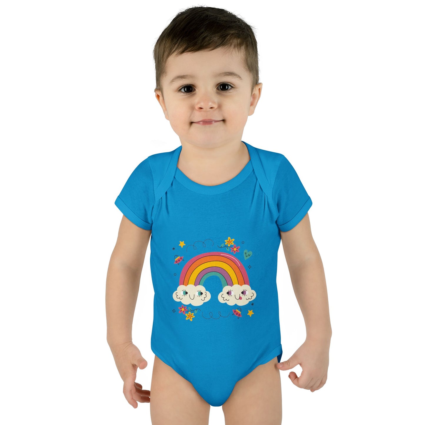 Baby Bodysuit — Cute Rainbow with Smiling Clouds Infant Onesie