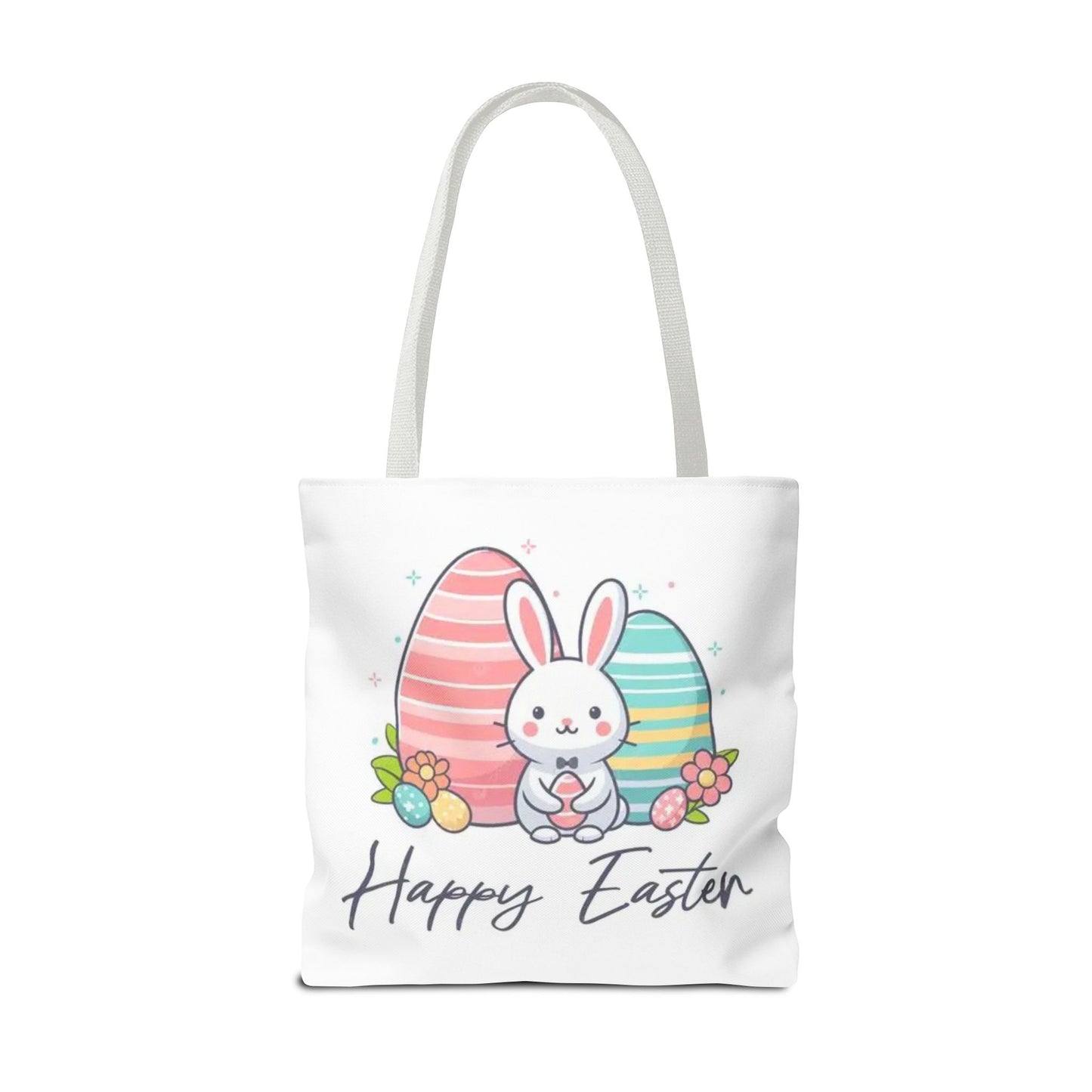 Easter Bunny Tote Bag — Cute "Happy Easter" Bunny with Colorful Eggs