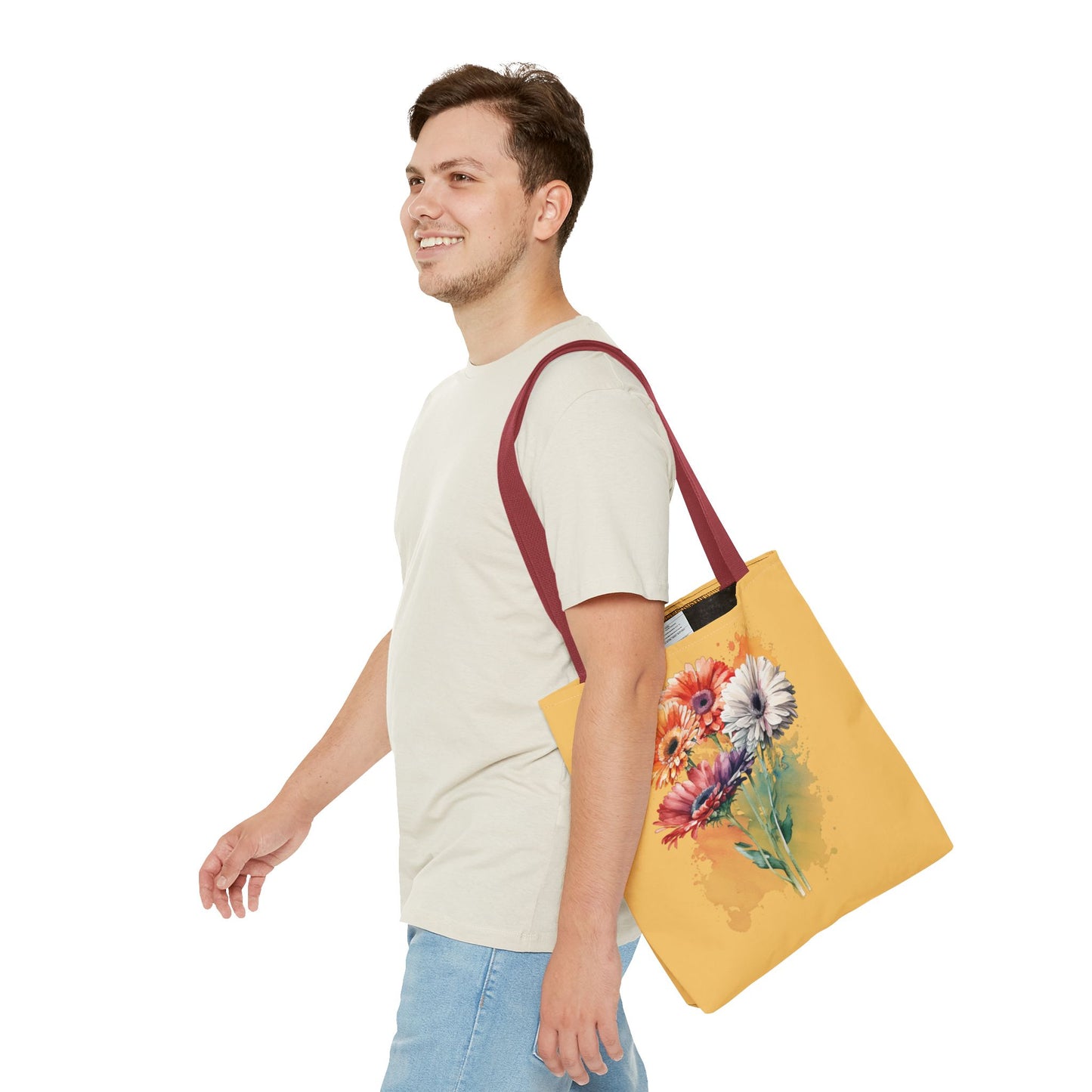 Floral Watercolor Tote Bag — Colorful Gerbera Bouquet on Mustard Background