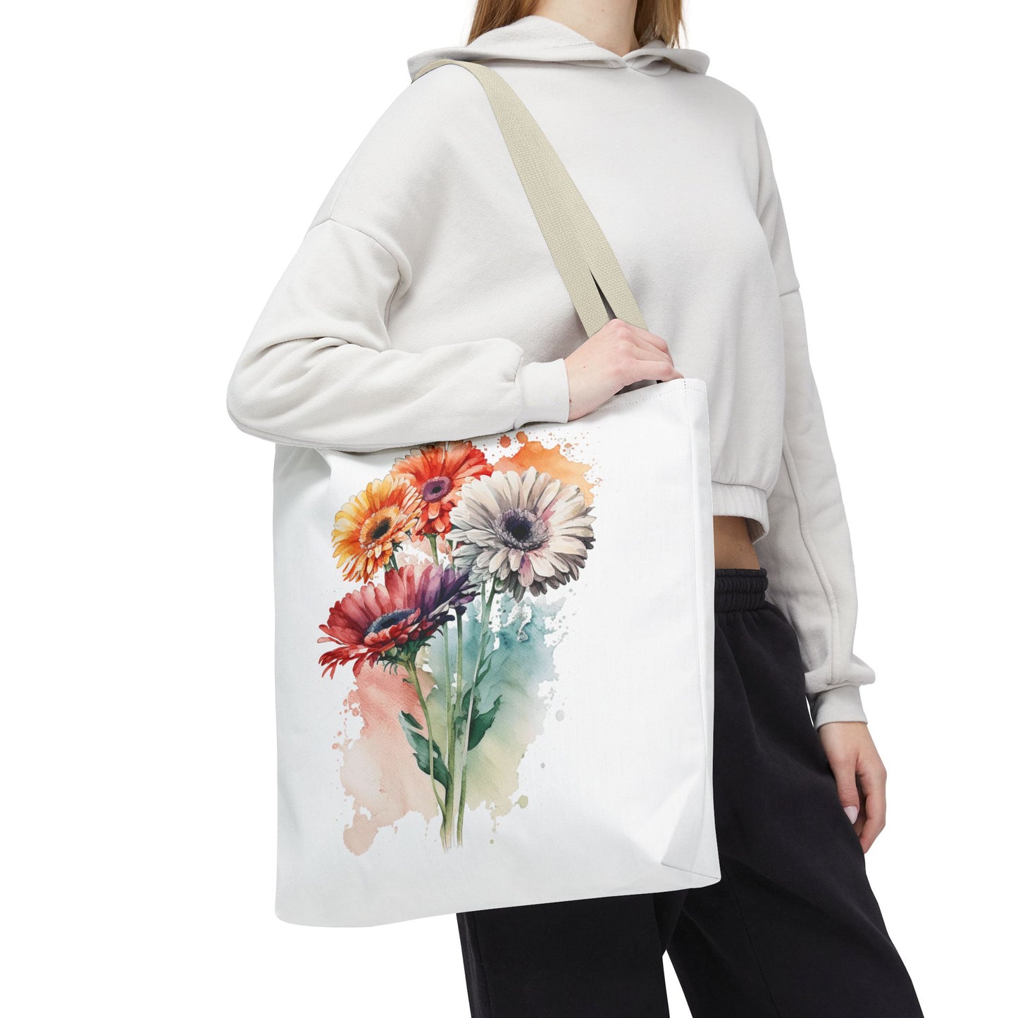 Floral Watercolor Tote Bag — Colorful Gerbera Bouquet All-Over Print