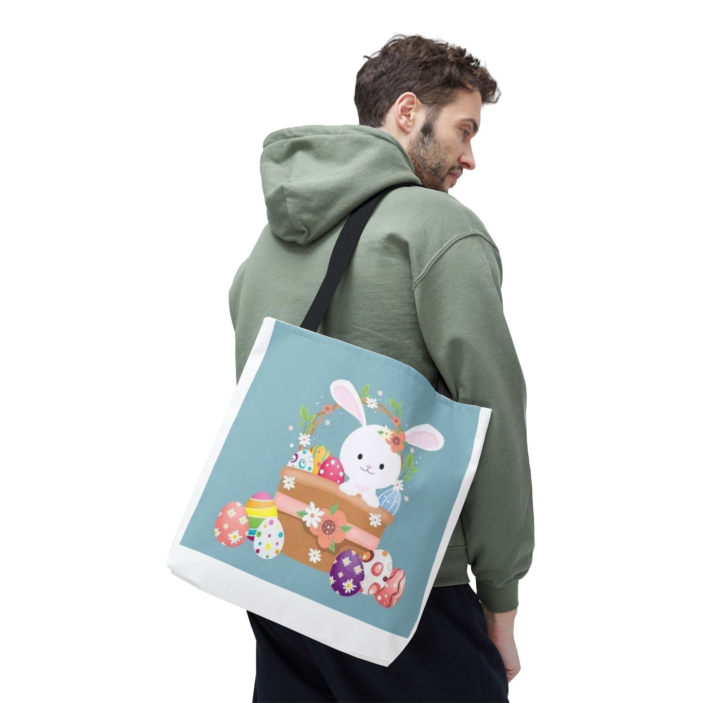 Easter Bunny Tote Bag — Cute Floral Bunny with Painted Eggs All-Over Print