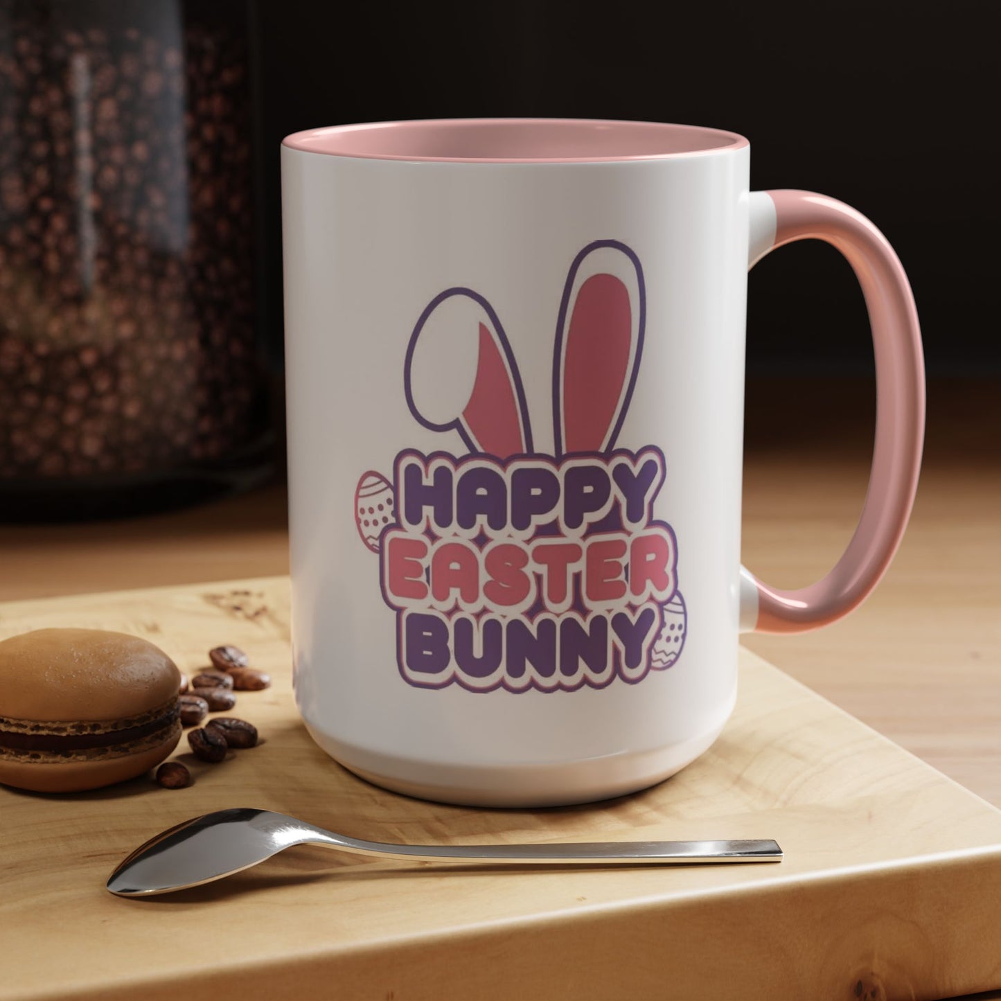 Happy Easter Bunny Accent Coffee Mug — Pink Interior 11/15oz, Cute Holiday Gift