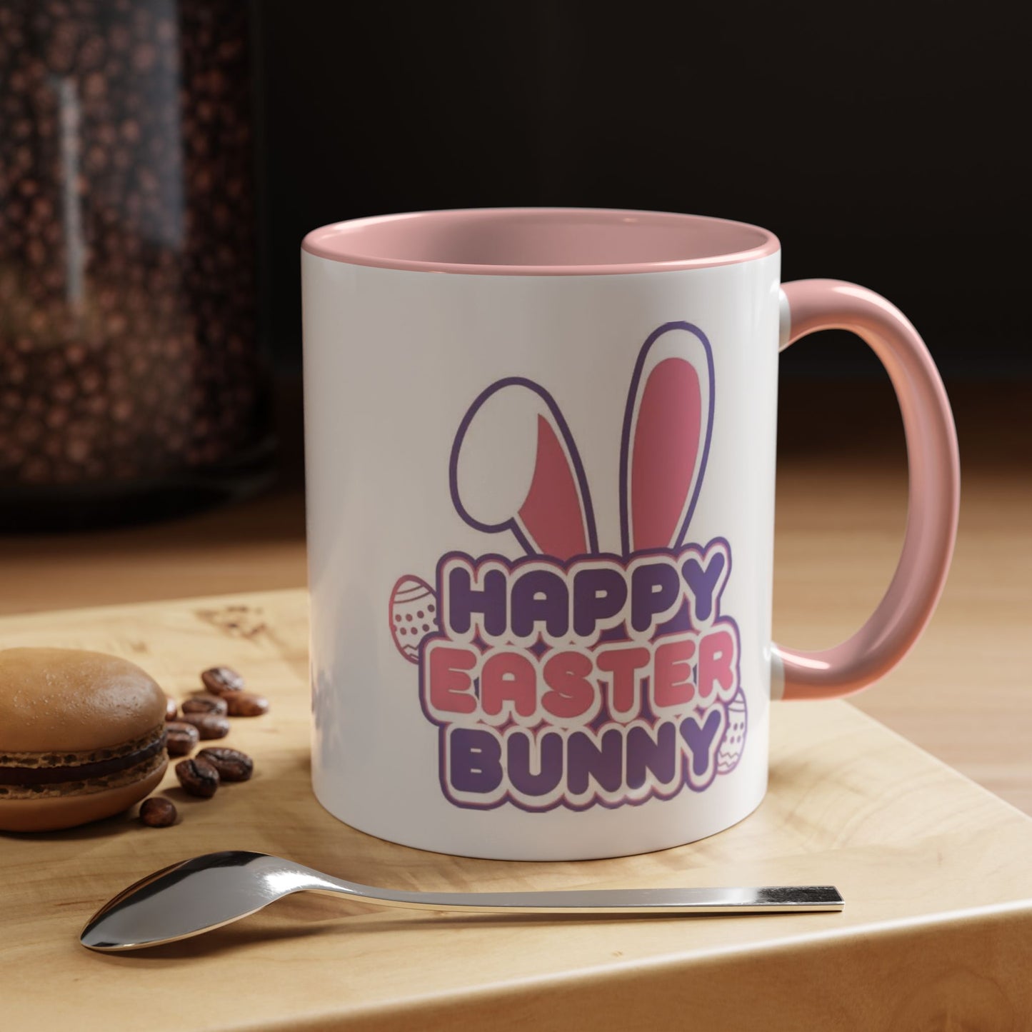 Happy Easter Bunny Accent Coffee Mug — Pink Interior 11/15oz, Cute Holiday Gift