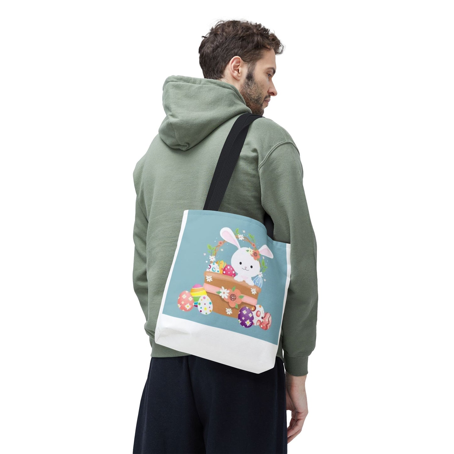 Easter Bunny Tote Bag — Cute Floral Bunny with Painted Eggs All-Over Print