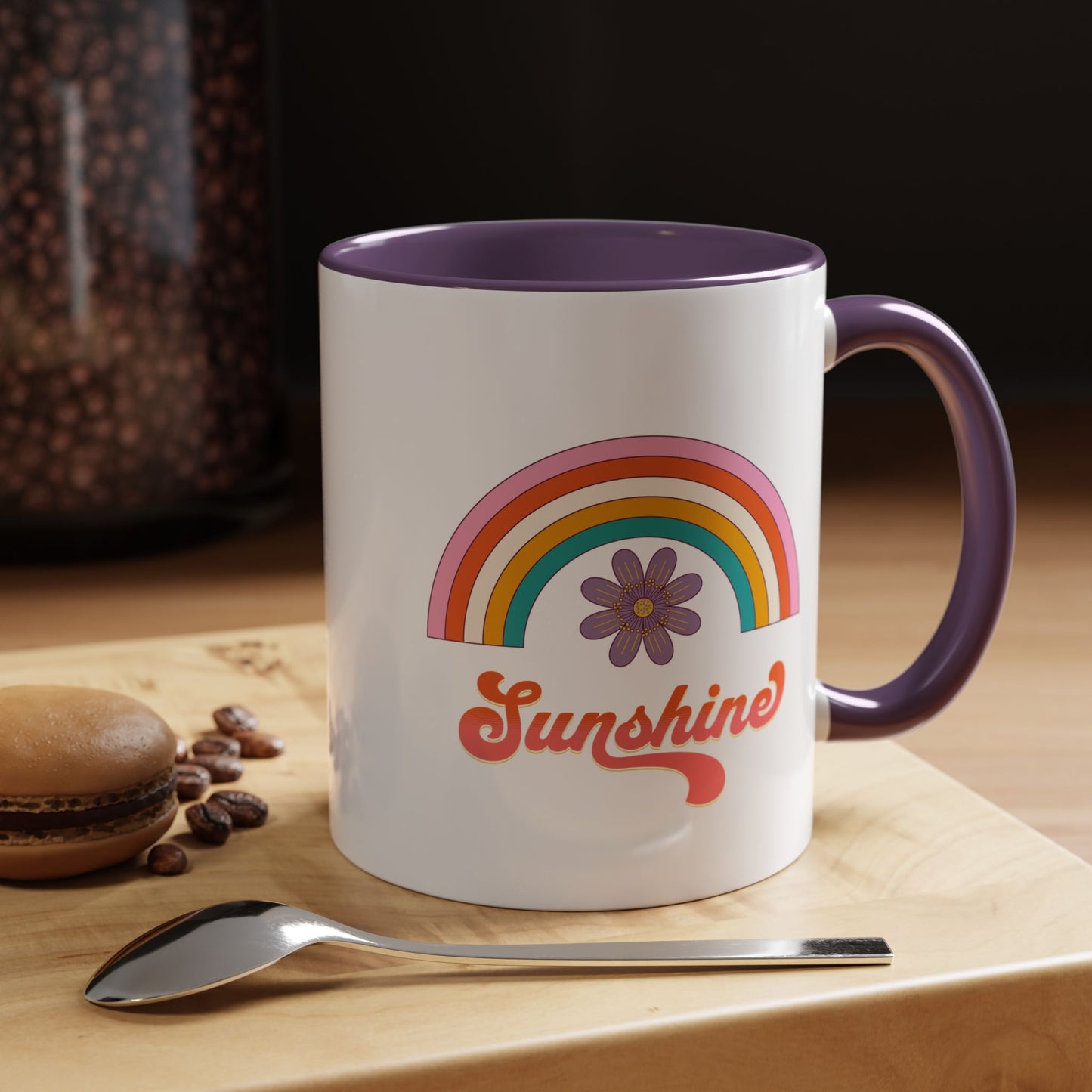 Sunshine Rainbow Accent Coffee Mug — Retro Flower 70s Vibe