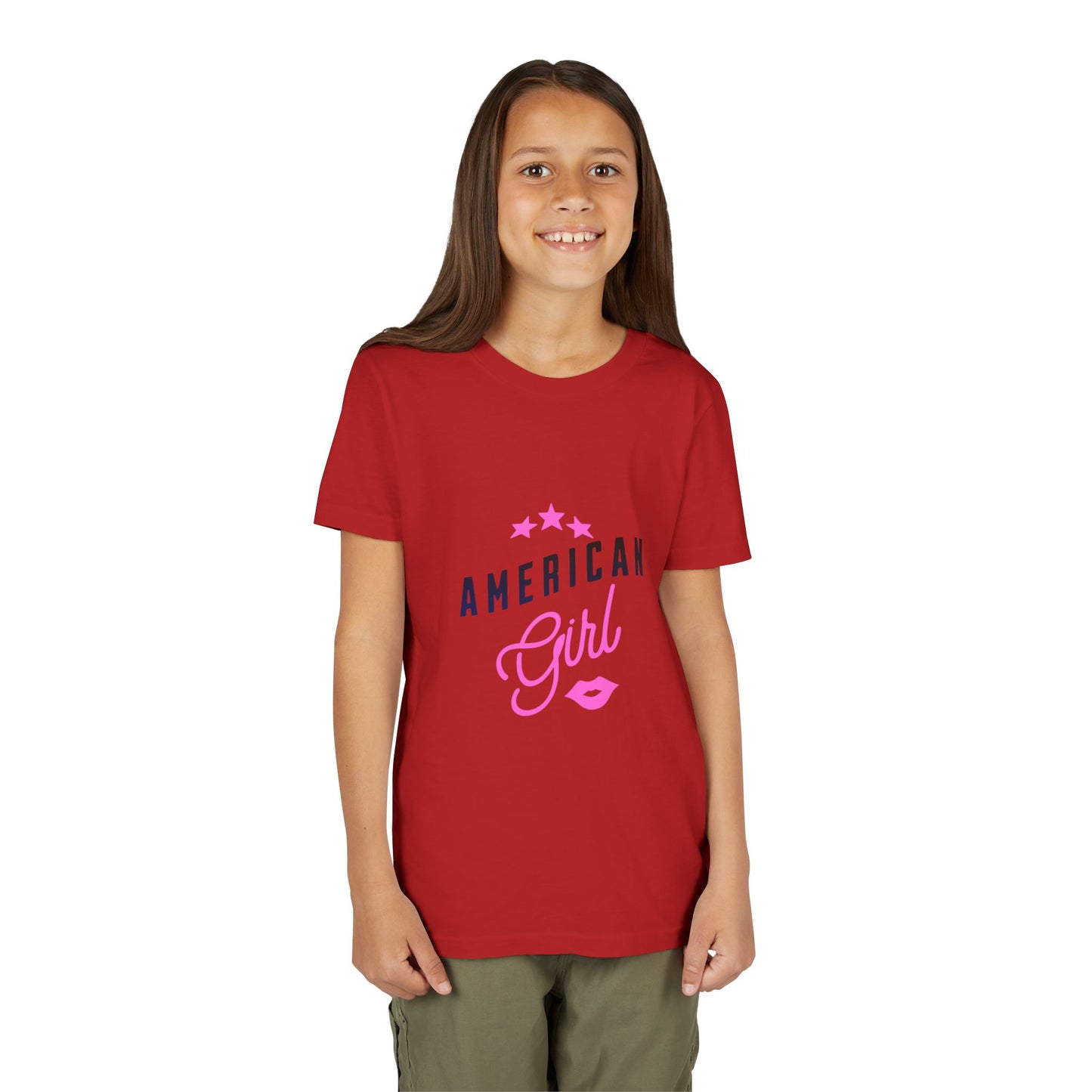 American Girl Youth Tee — Pink Script Stars Patriotic Kids Shirt