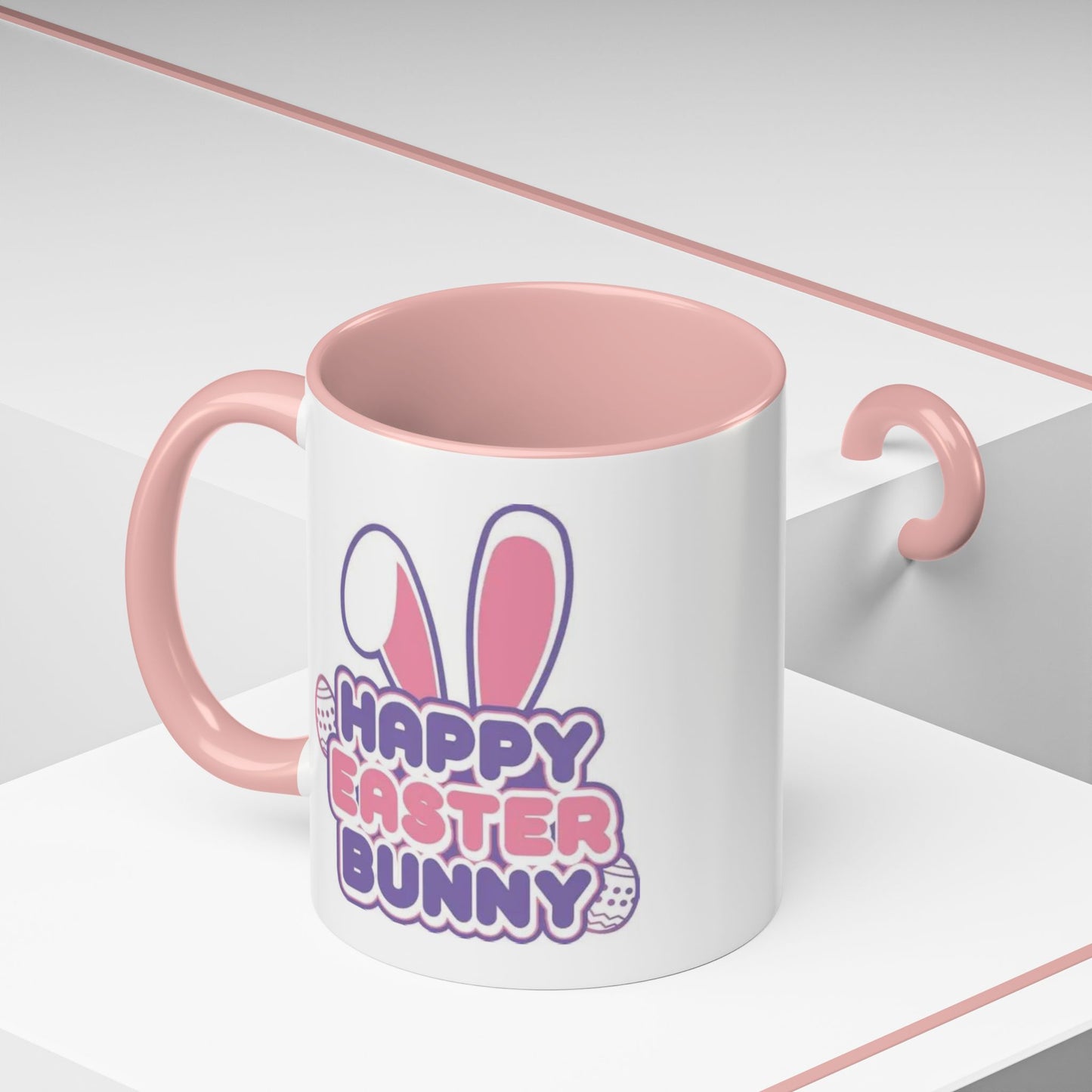 Happy Easter Bunny Accent Coffee Mug — Pink Interior 11/15oz, Cute Holiday Gift