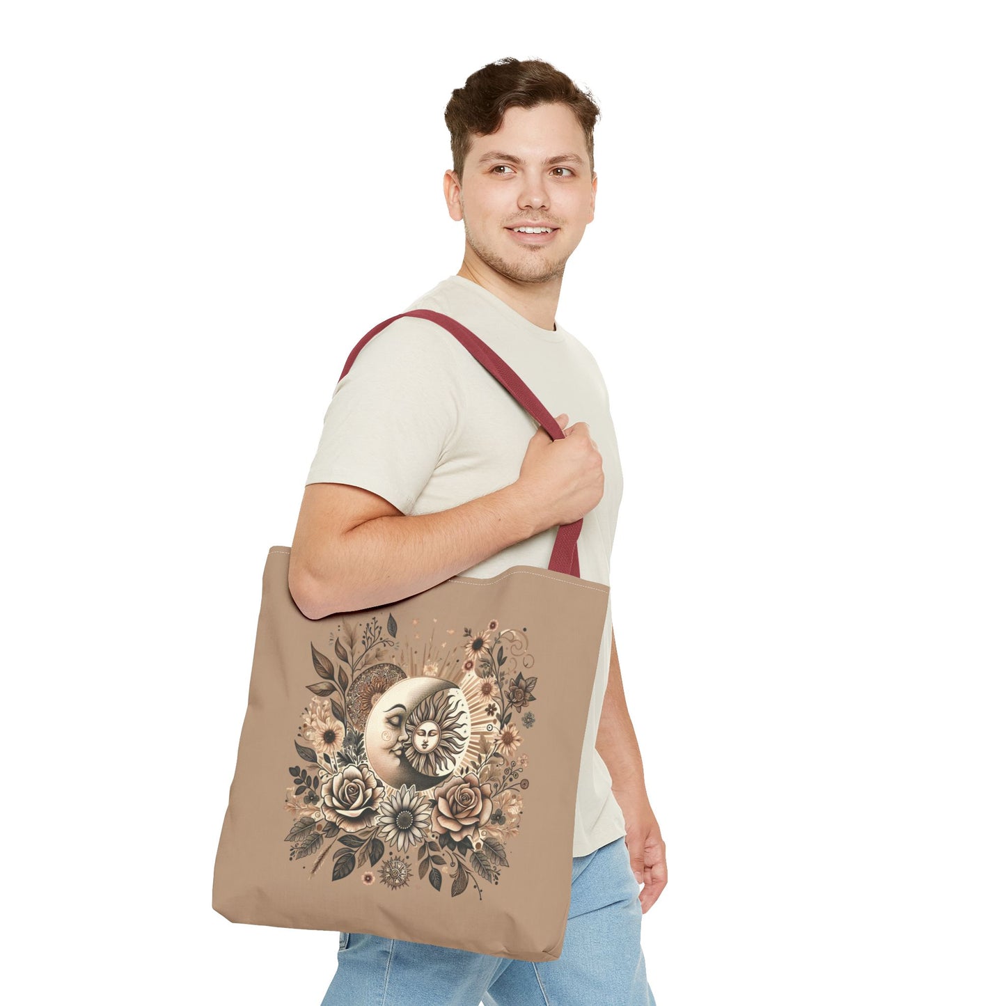 Celestial Sun & Moon Floral Tote Bag — Boho Vintage Astrology Beach Bag