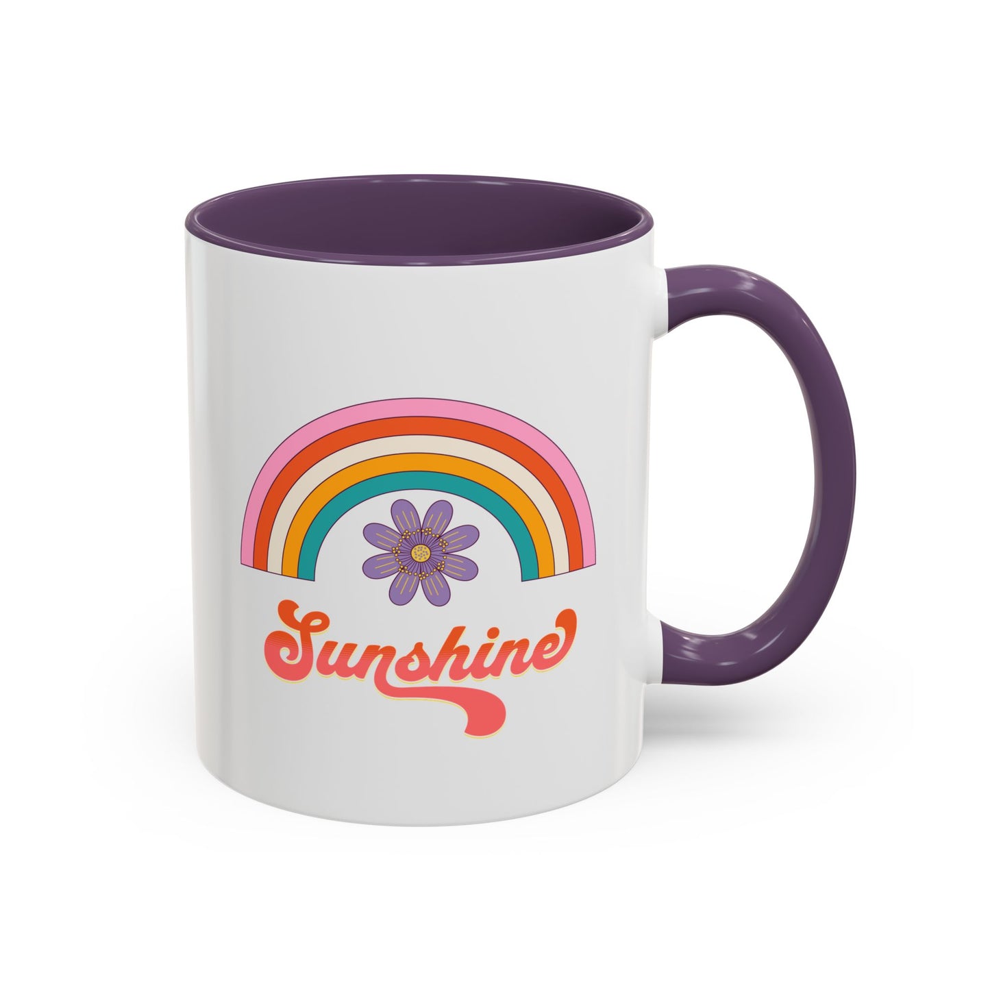 Sunshine Rainbow Accent Coffee Mug — Retro Flower 70s Vibe