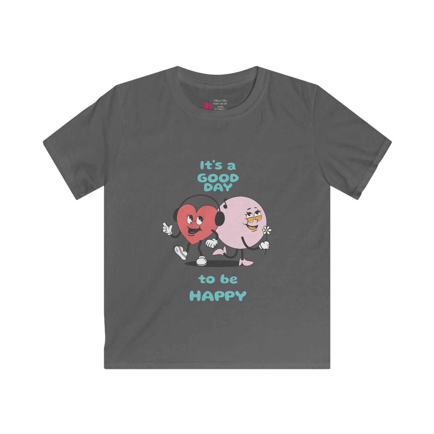 Kids Tee — "It's a Good Day to Be Happy" Heart & Donut Cute Graphic