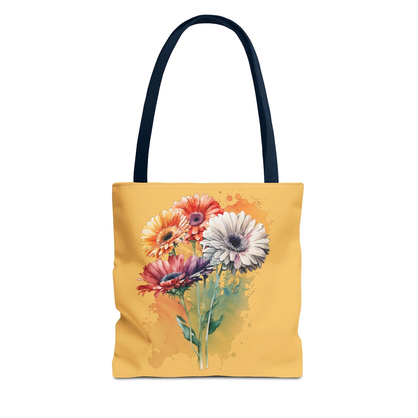 Floral Watercolor Tote Bag — Colorful Gerbera Bouquet on Mustard Background