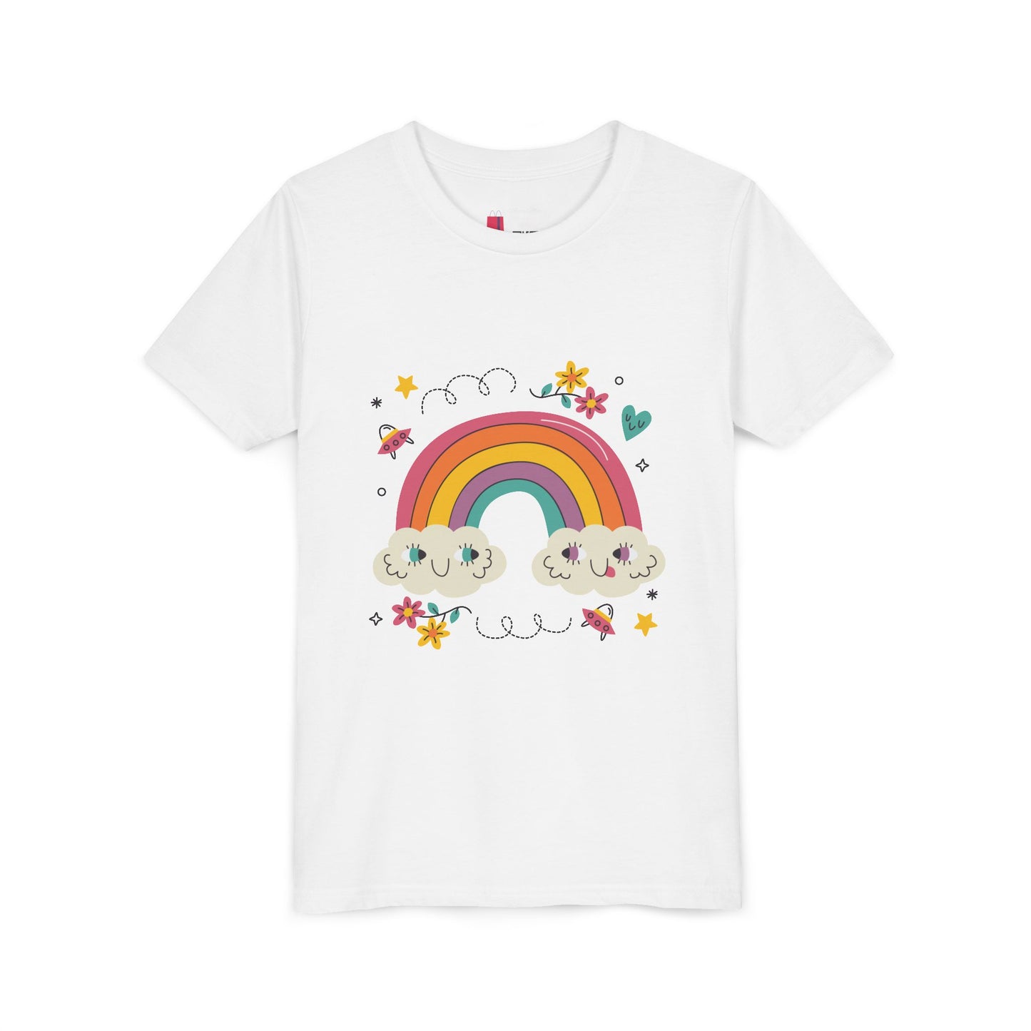 Youth Rainbow Tee — Cute Smiling Clouds & Rainbow Kids Shirt
