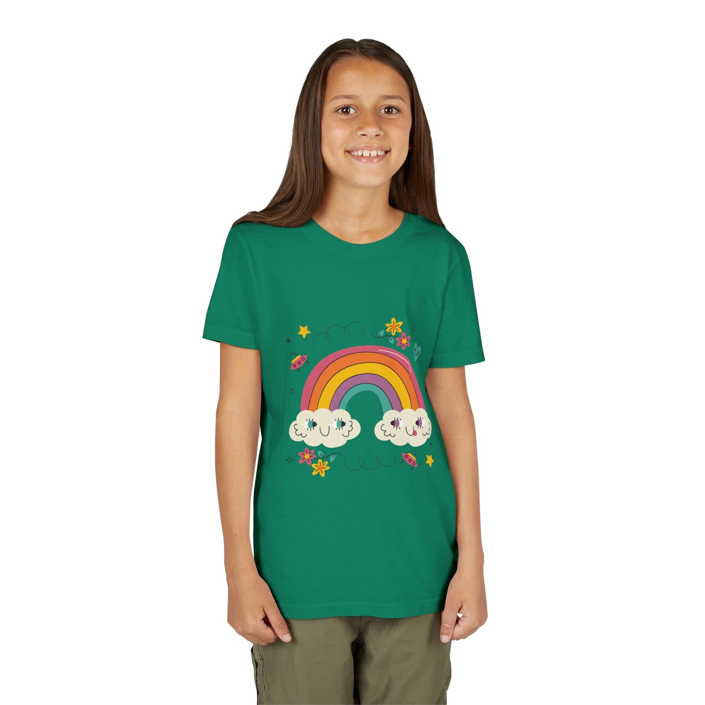 Youth Rainbow Tee — Cute Smiling Clouds & Rainbow Kids Shirt