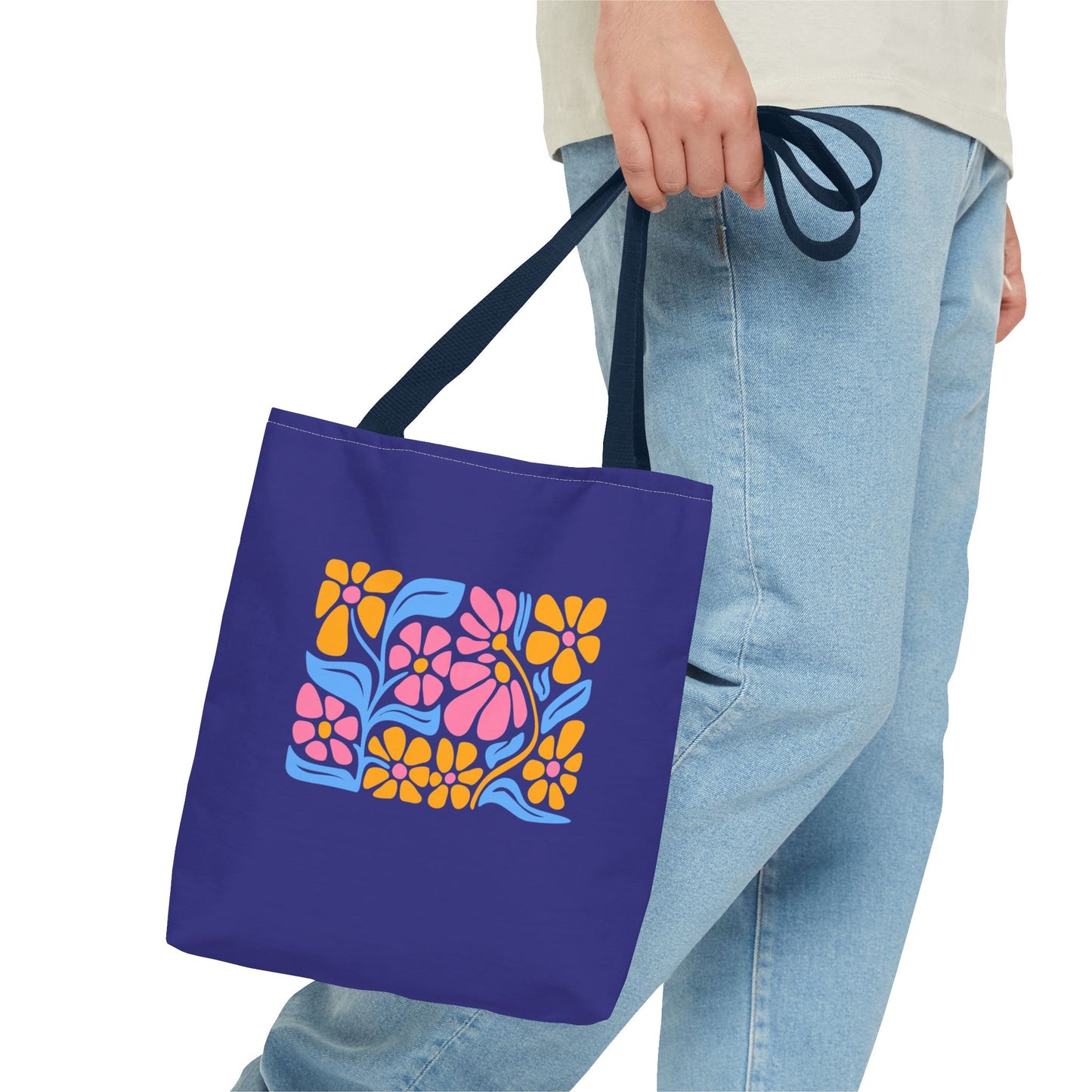 Floral Pop Tote Bag — Bright Retro Flower Pattern on Purple