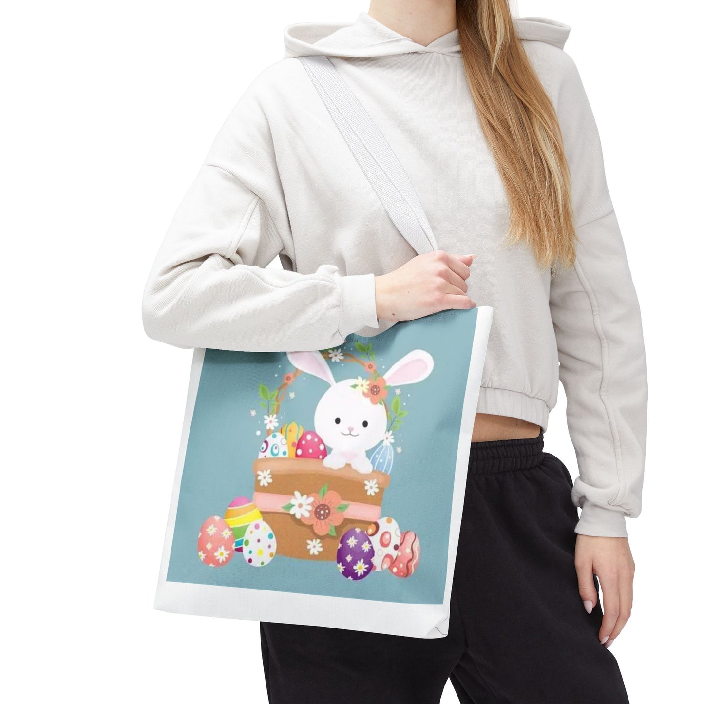 Easter Bunny Tote Bag — Cute Floral Bunny with Painted Eggs All-Over Print