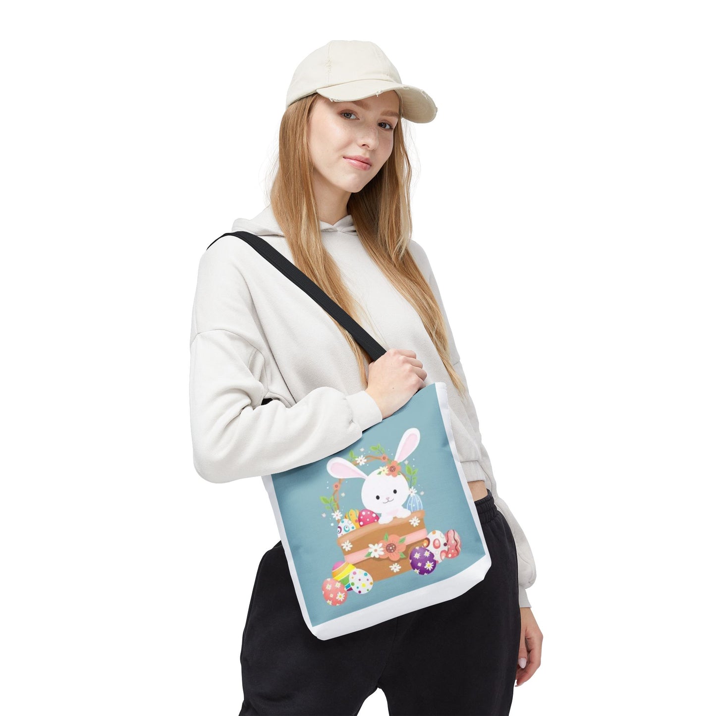Easter Bunny Tote Bag — Cute Floral Bunny with Painted Eggs All-Over Print
