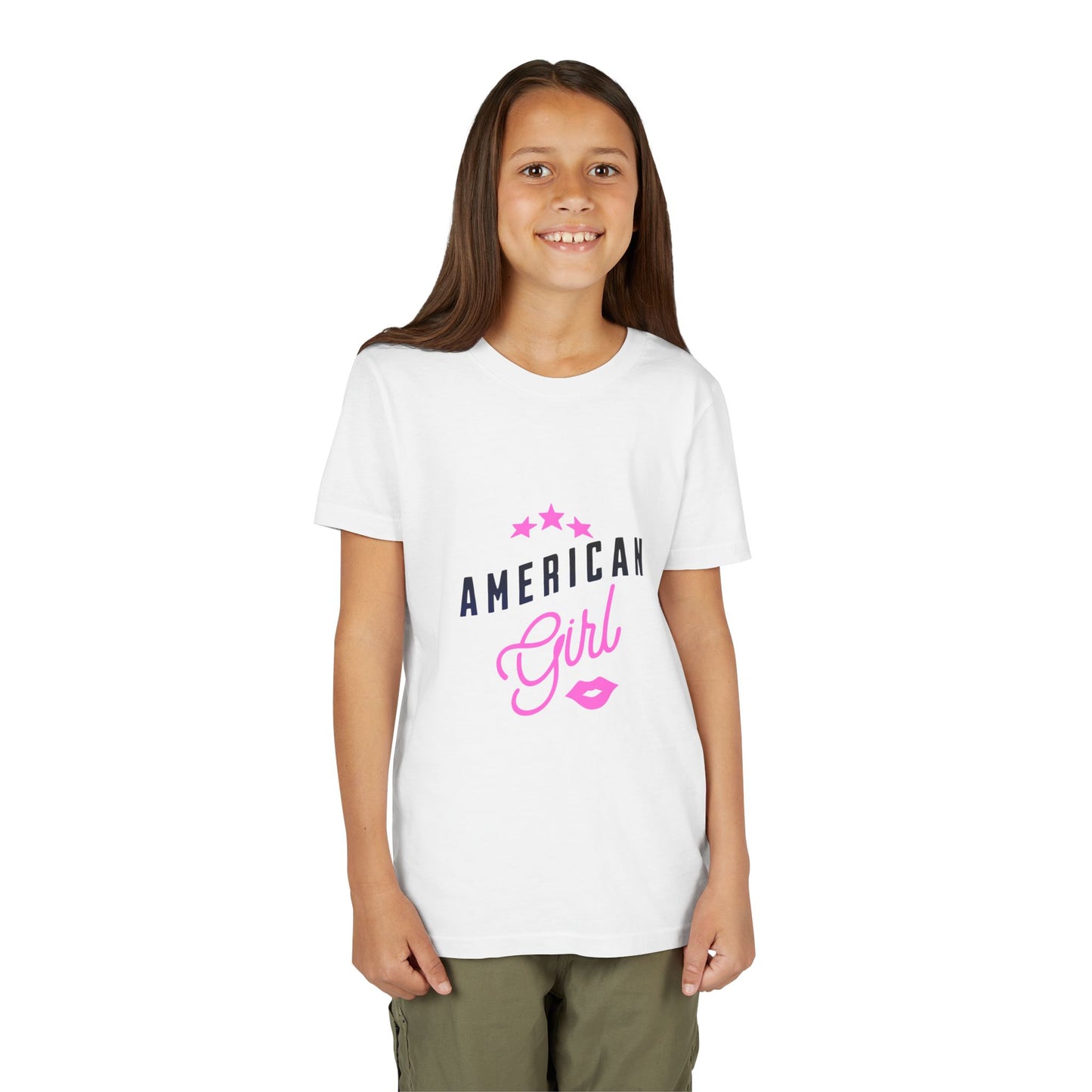 American Girl Youth Tee — Pink Script Stars Patriotic Kids Shirt