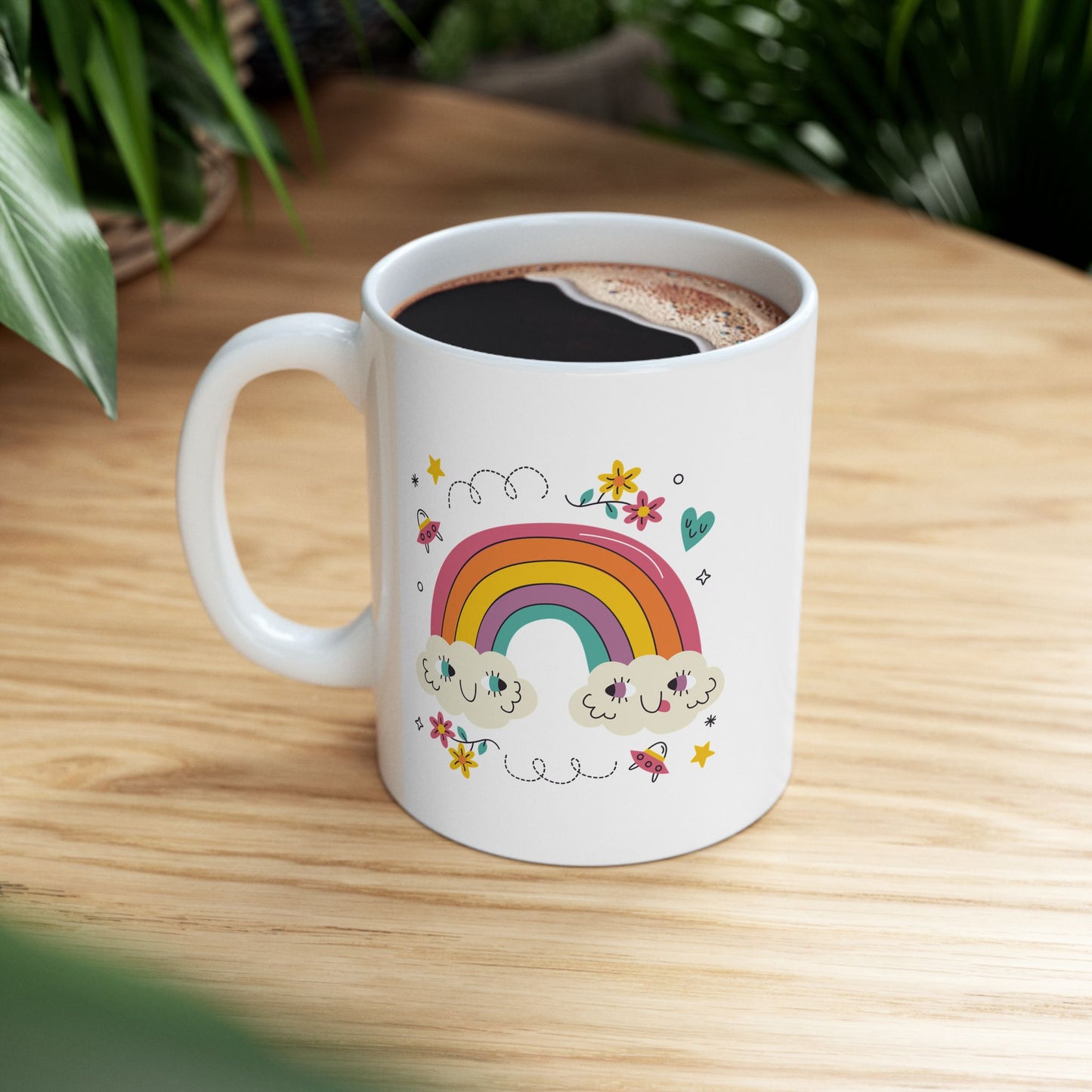 Rainbow Cloud Ceramic Mug – Cute Kawaii Rainbow & Stars Coffee Cup (11oz, 15oz)