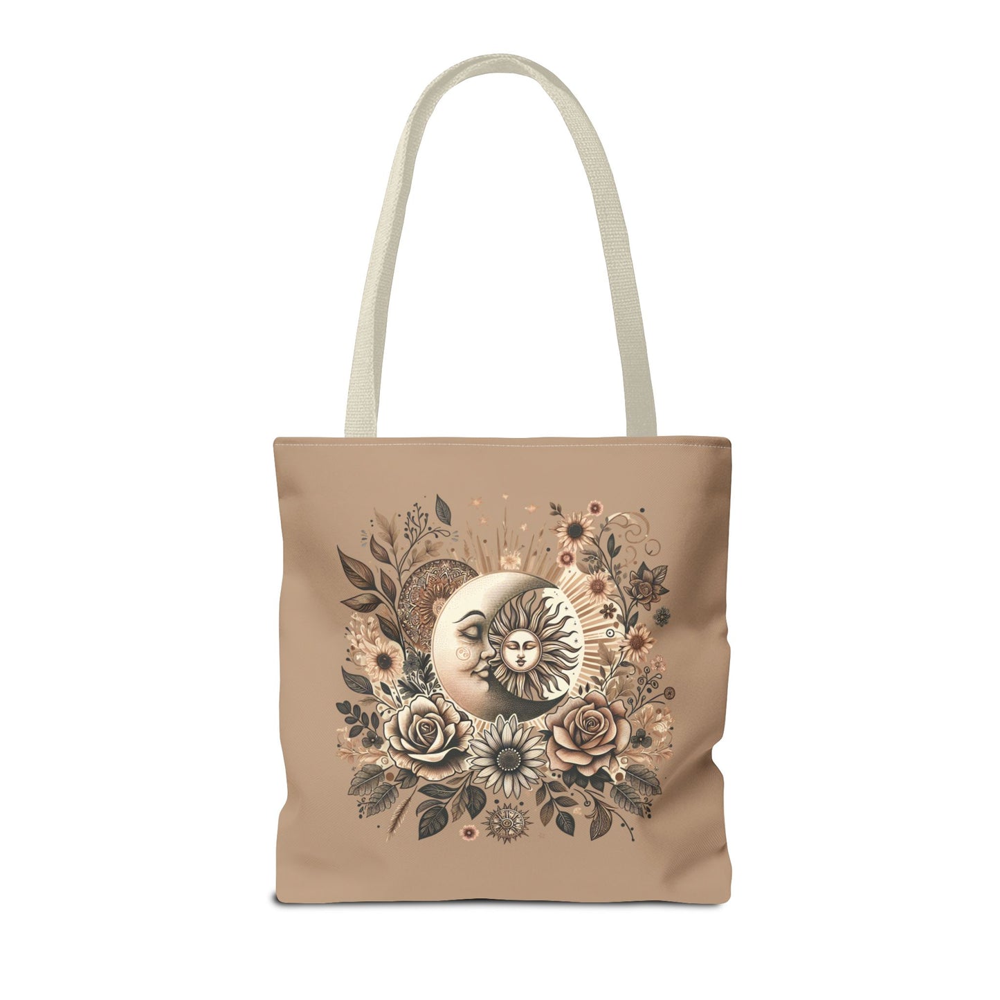 Celestial Sun & Moon Floral Tote Bag — Boho Vintage Astrology Beach Bag