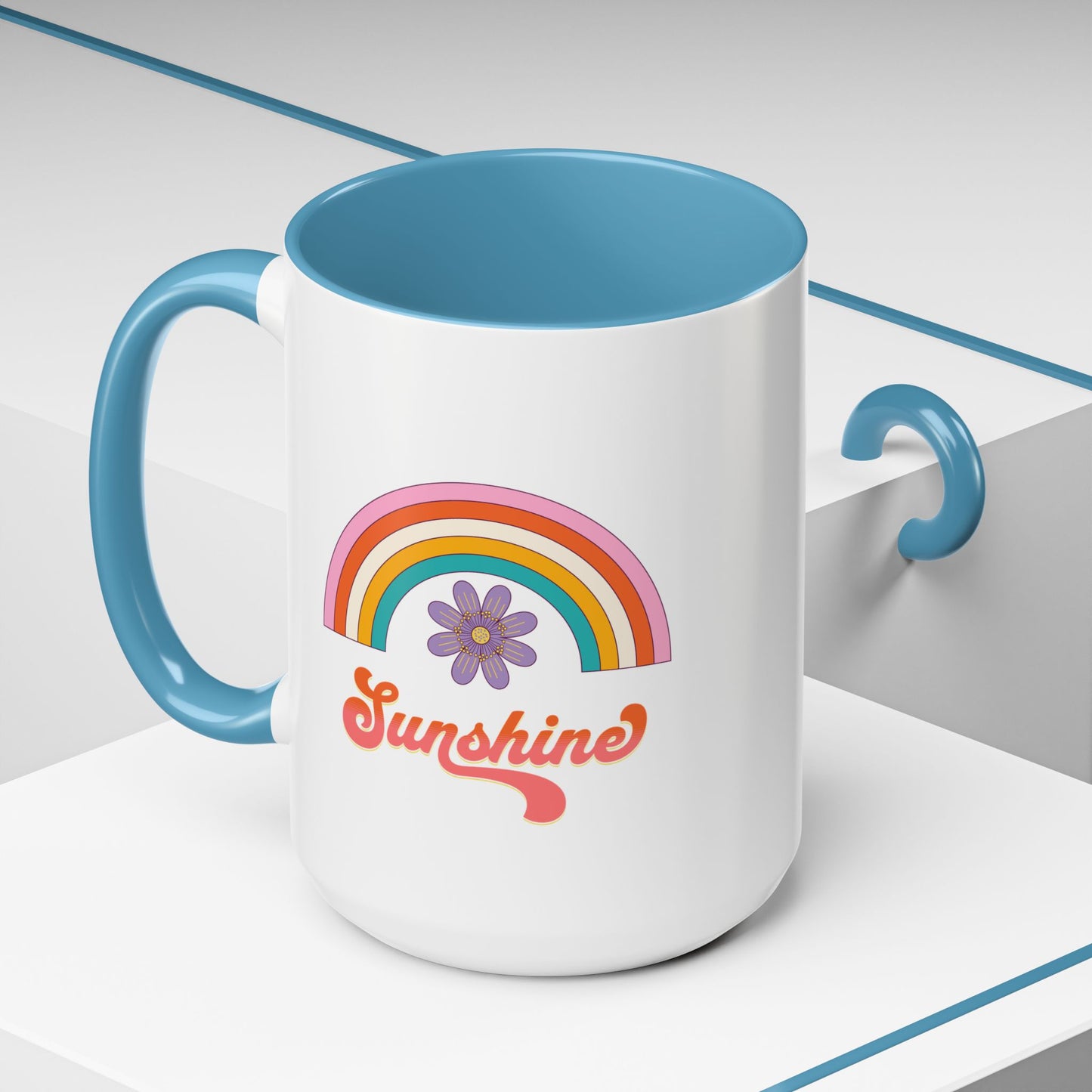 Sunshine Rainbow Accent Coffee Mug — Retro Flower 70s Vibe
