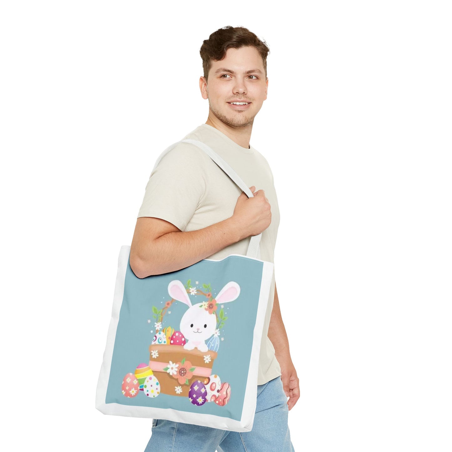 Easter Bunny Tote Bag — Cute Floral Bunny with Painted Eggs All-Over Print