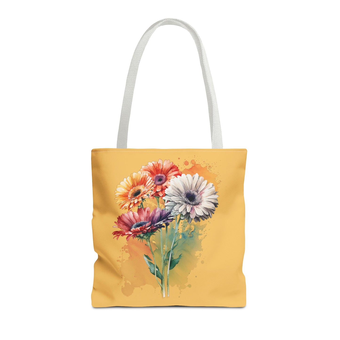 Floral Watercolor Tote Bag — Colorful Gerbera Bouquet on Mustard Background