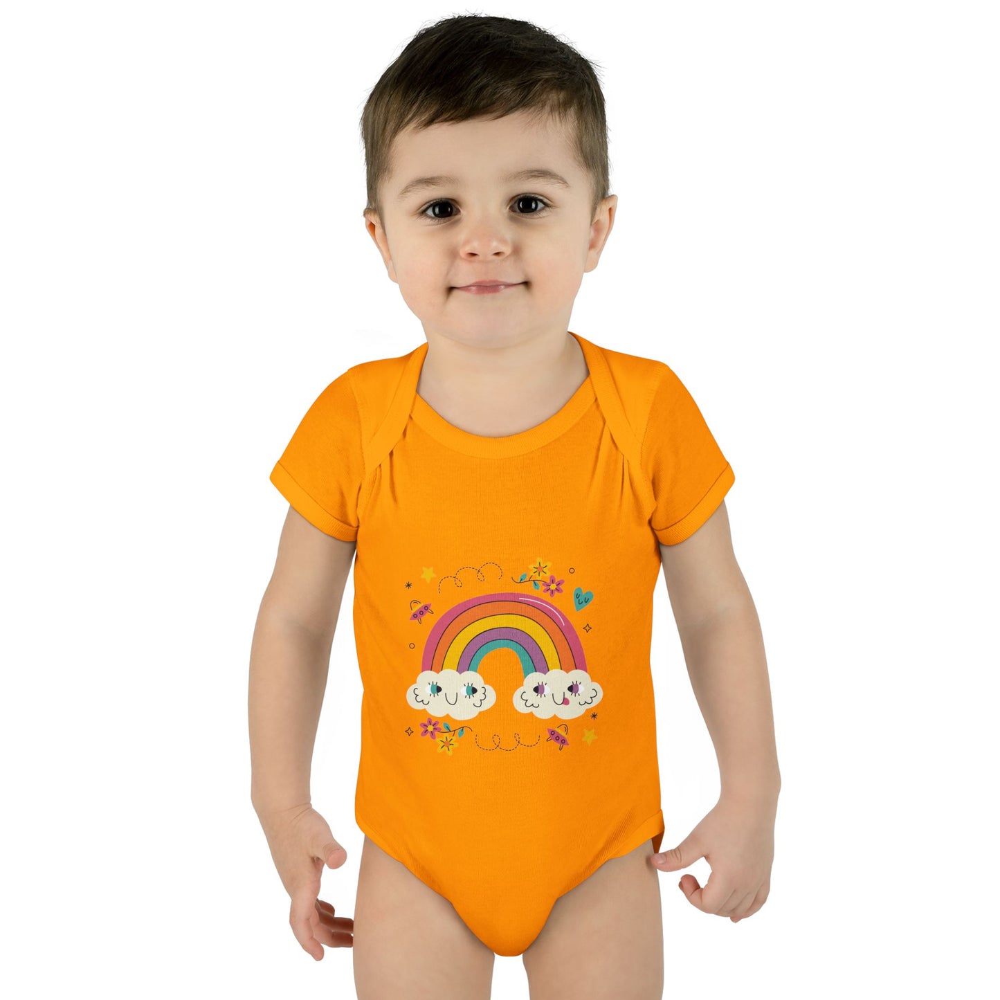 Baby Bodysuit — Cute Rainbow with Smiling Clouds Infant Onesie