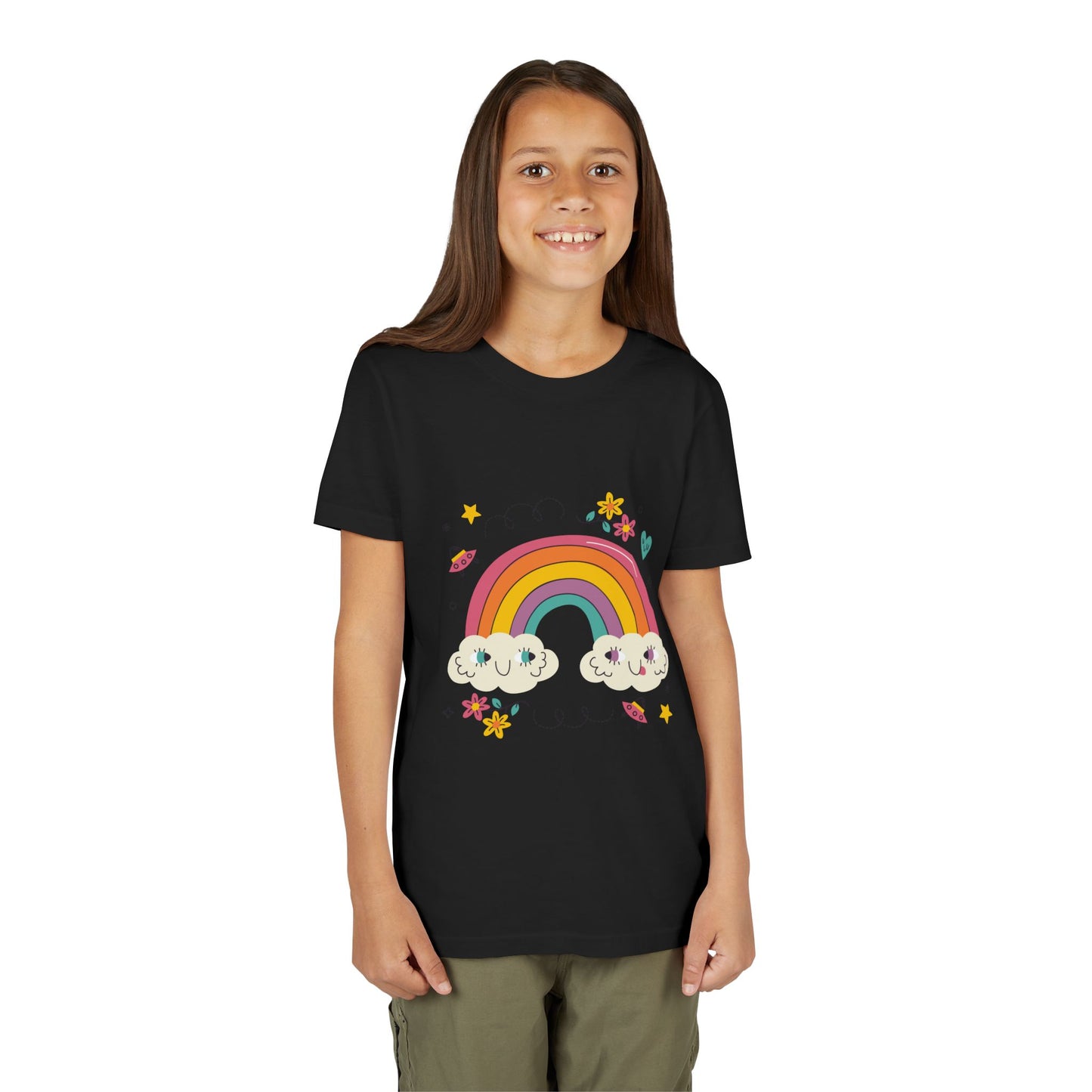 Youth Rainbow Tee — Cute Smiling Clouds & Rainbow Kids Shirt