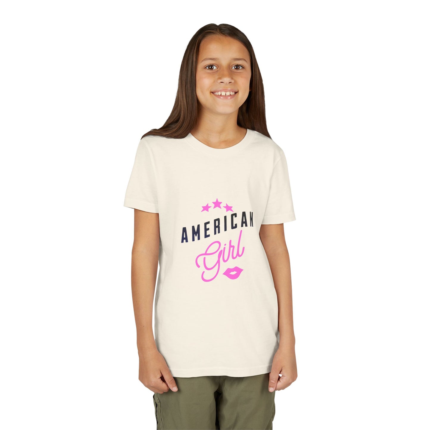 American Girl Youth Tee — Pink Script Stars Patriotic Kids Shirt
