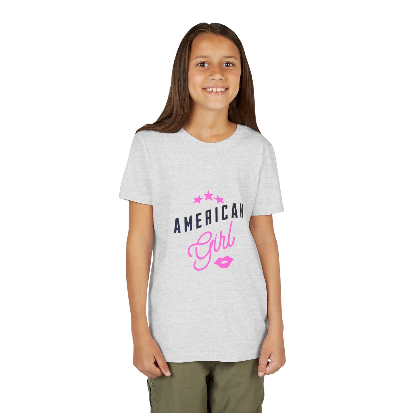 American Girl Youth Tee — Pink Script Stars Patriotic Kids Shirt