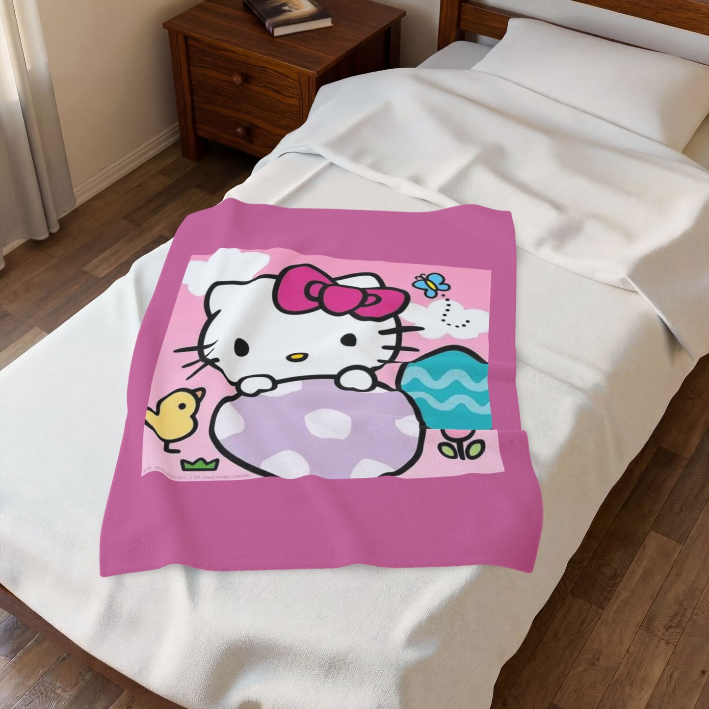 Hello Kitty Easter Velveteen Plush Blanket – Cute Pink Bunny & Egg Holiday Throw